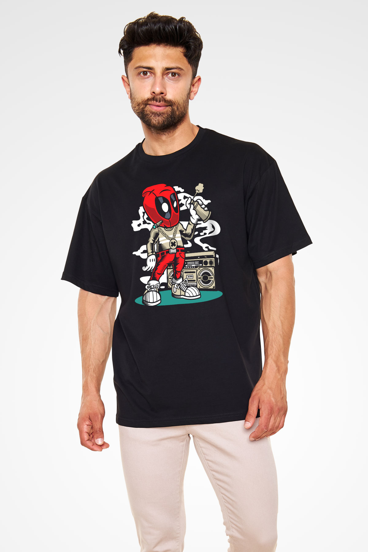 Deadpool Boombox Baskılı Unisex Siyah Oversize Tişört