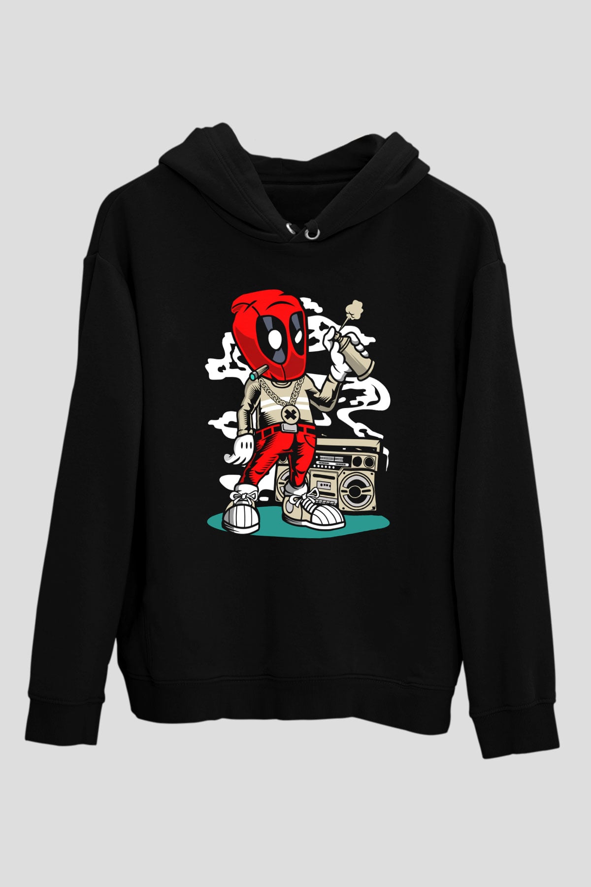 Deadpool Boombox Baskılı Unisex Siyah Hoodie