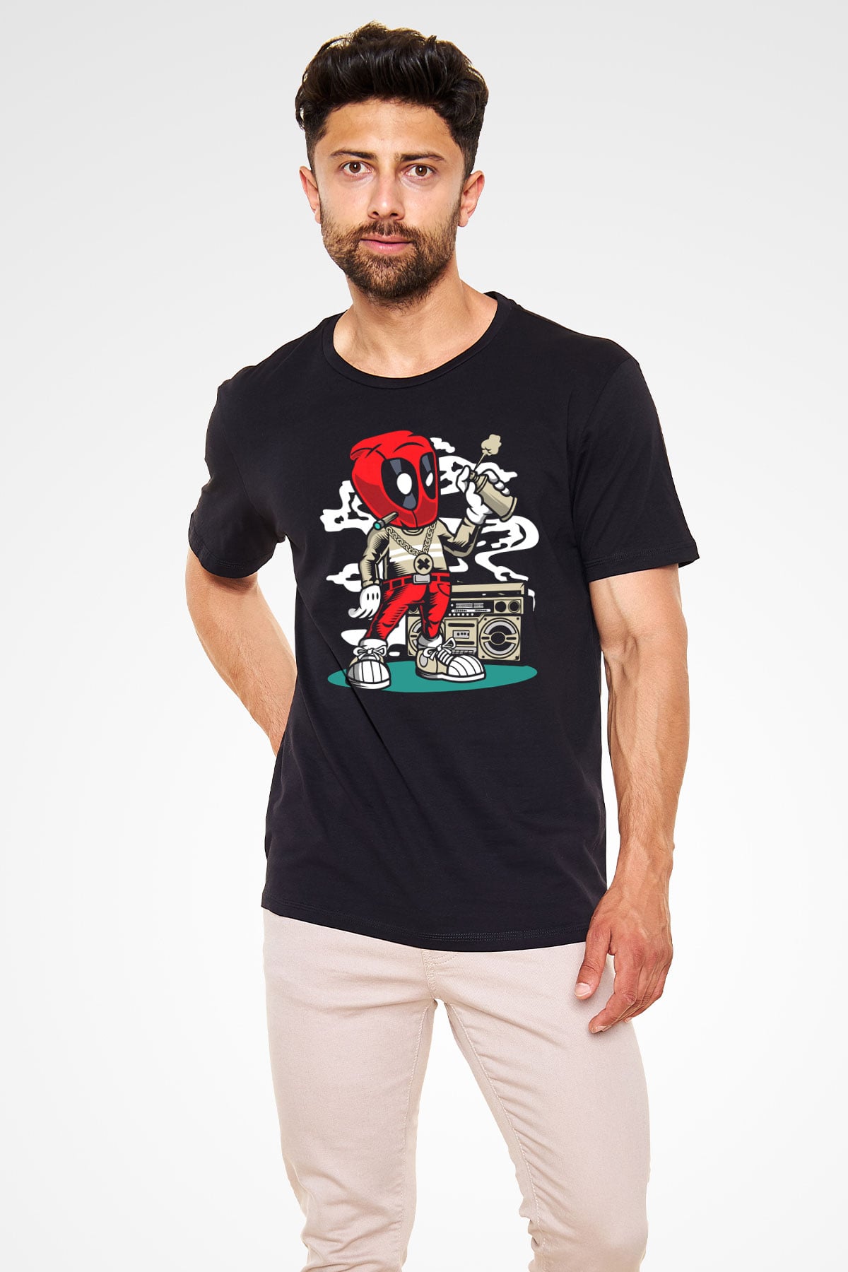 Deadpool Boombox Baskılı Unisex Siyah Tişört