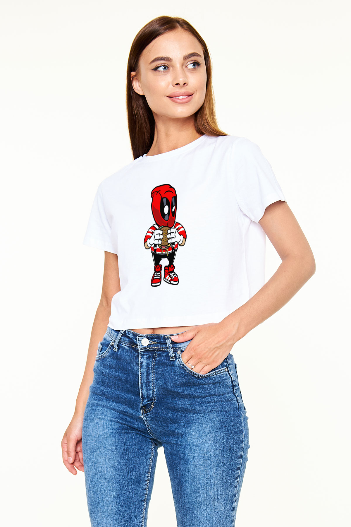 Deadpool Eat Burger Baskılı Beyaz Kadın Crop Top Tişört