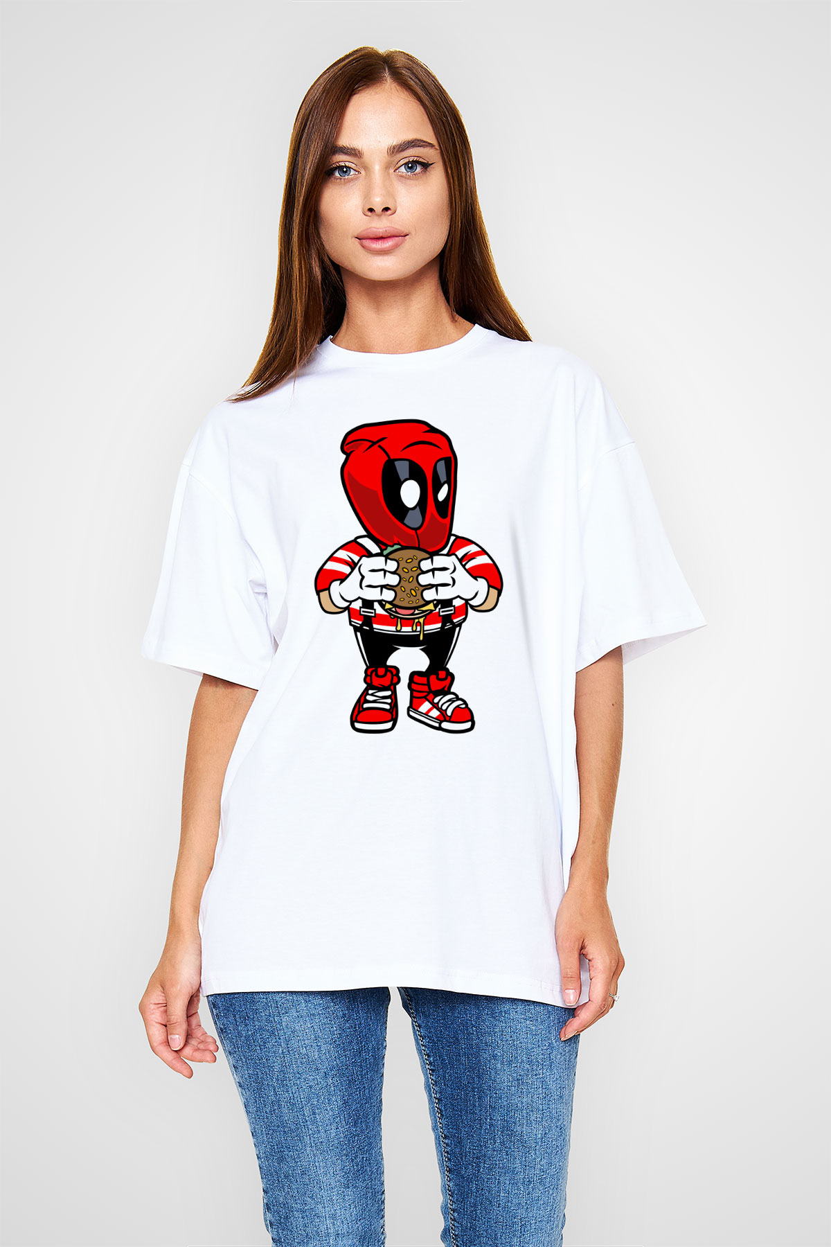 Deadpool Eat Burger Baskılı Unisex Beyaz Oversize Tişört