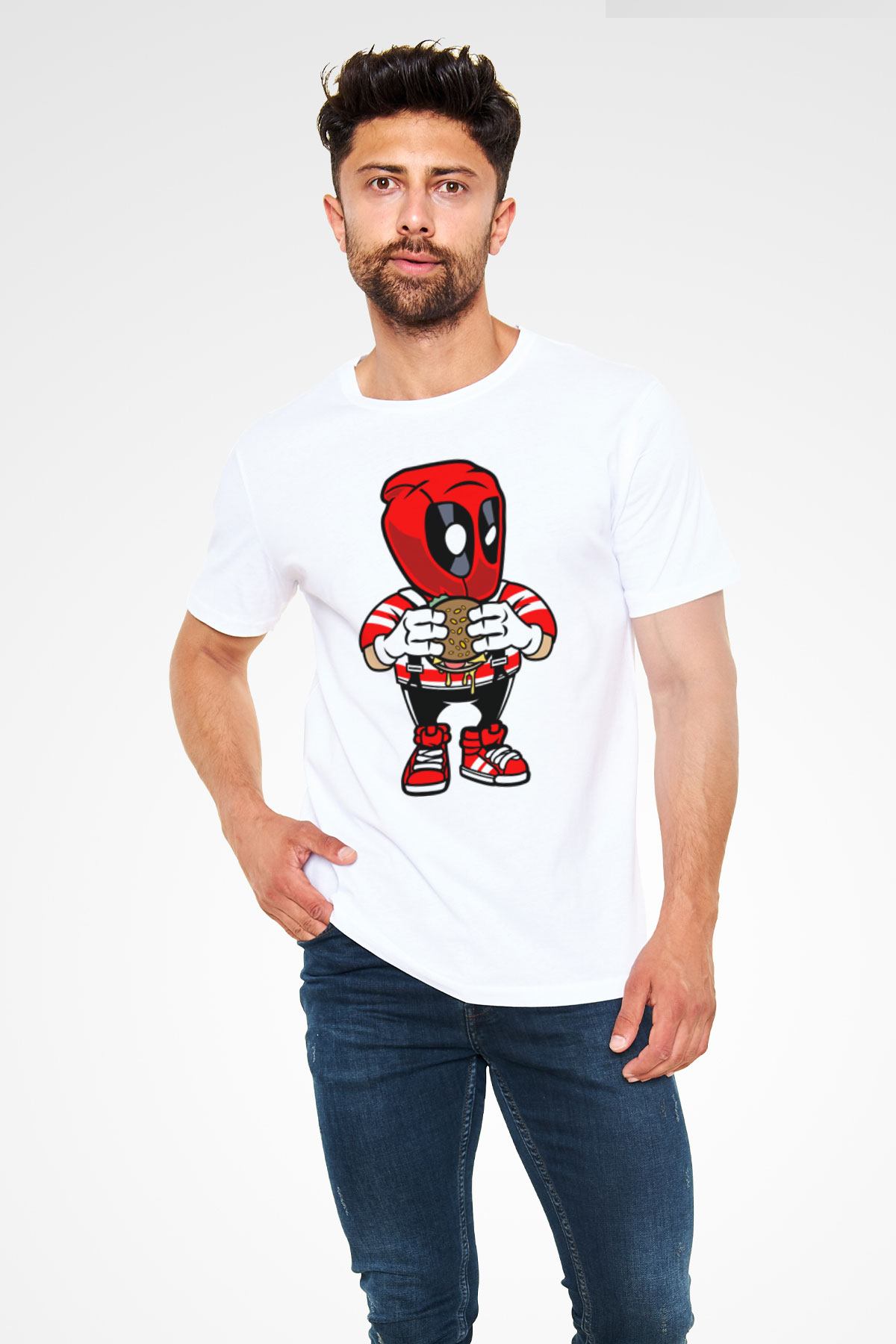 Deadpool Eat Burger Baskılı Unisex Beyaz Tişört