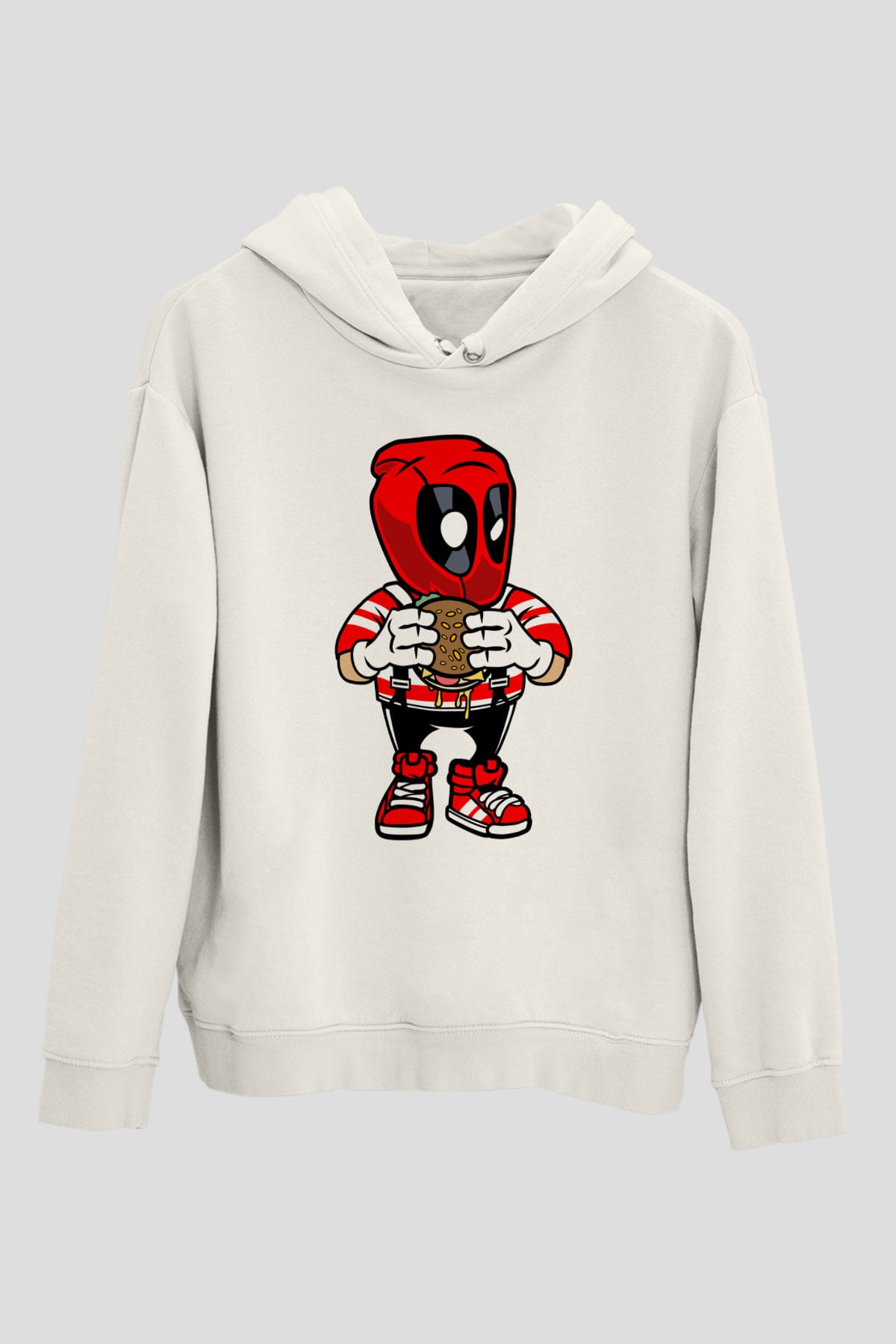 Deadpool Eat Burger Baskılı Unisex Beyaz Hoodie