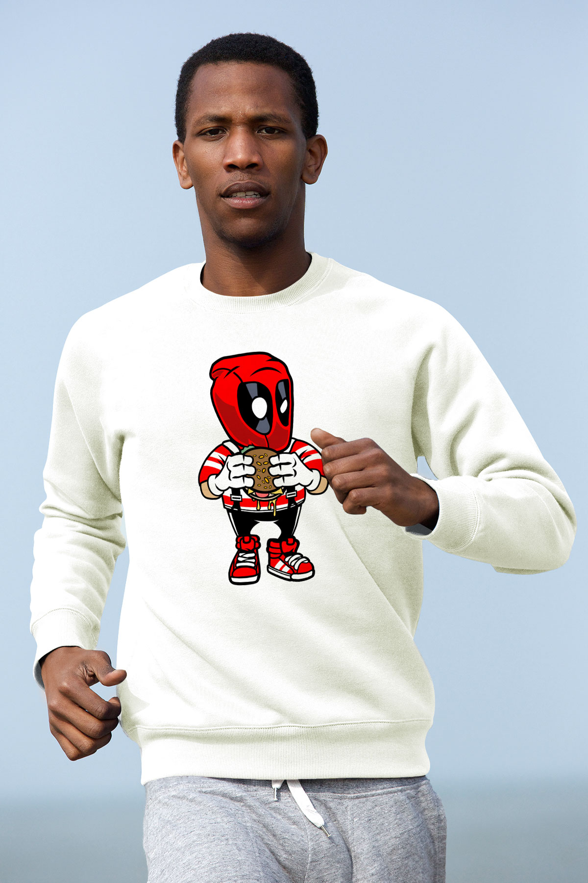 Deadpool Eat Burger Baskılı Unisex Beyaz Sweatshirt