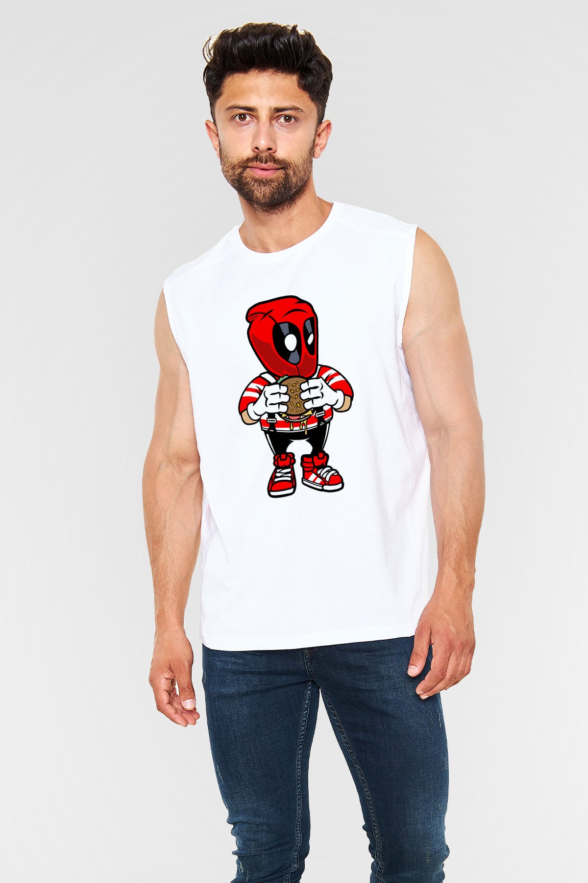 Deadpool Eat Burger Baskılı Unisex Beyaz Kolsuz Tişört