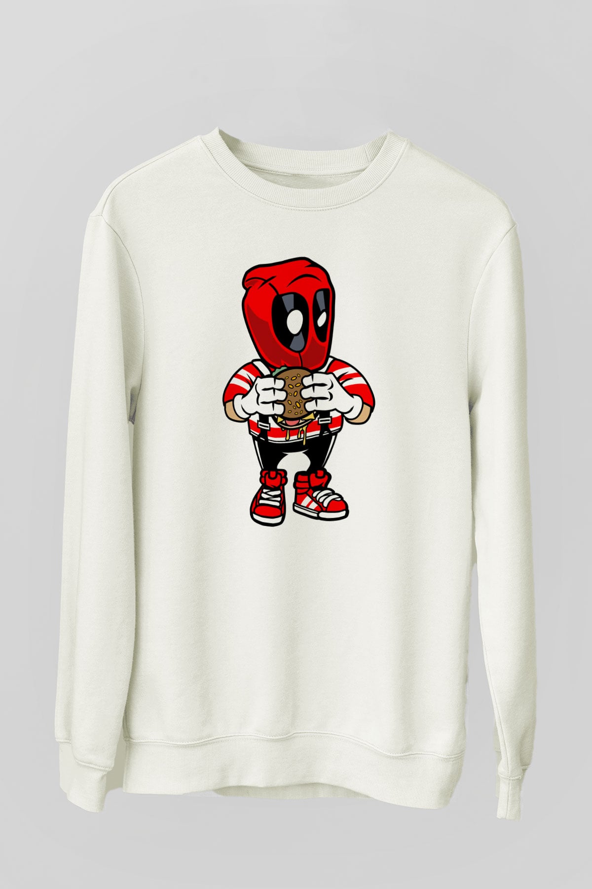 Deadpool Eat Burger Baskılı Unisex Beyaz Sweatshirt