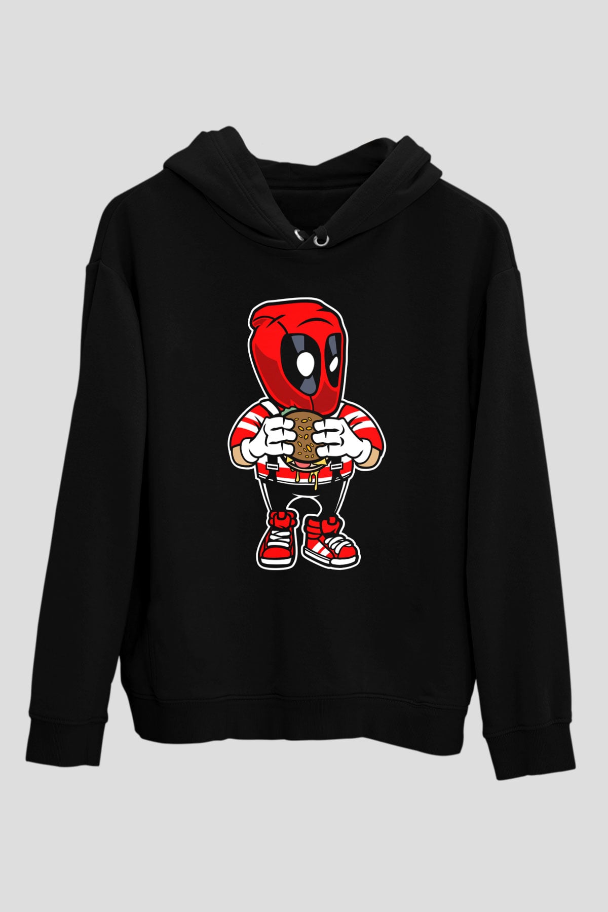 Deadpool Eat Burger Baskılı Unisex Siyah Hoodie