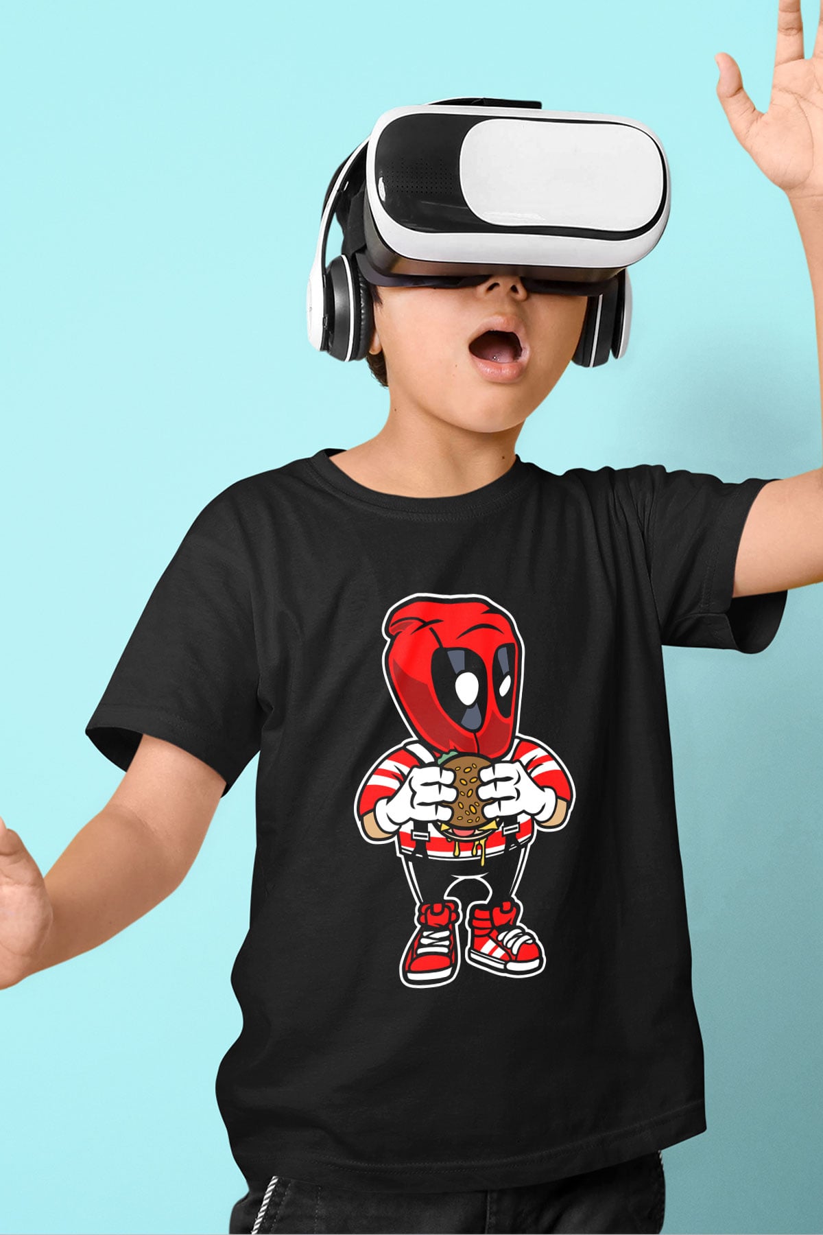 Deadpool Eat Burger Baskılı Unisex Siyah Çocuk Tişört