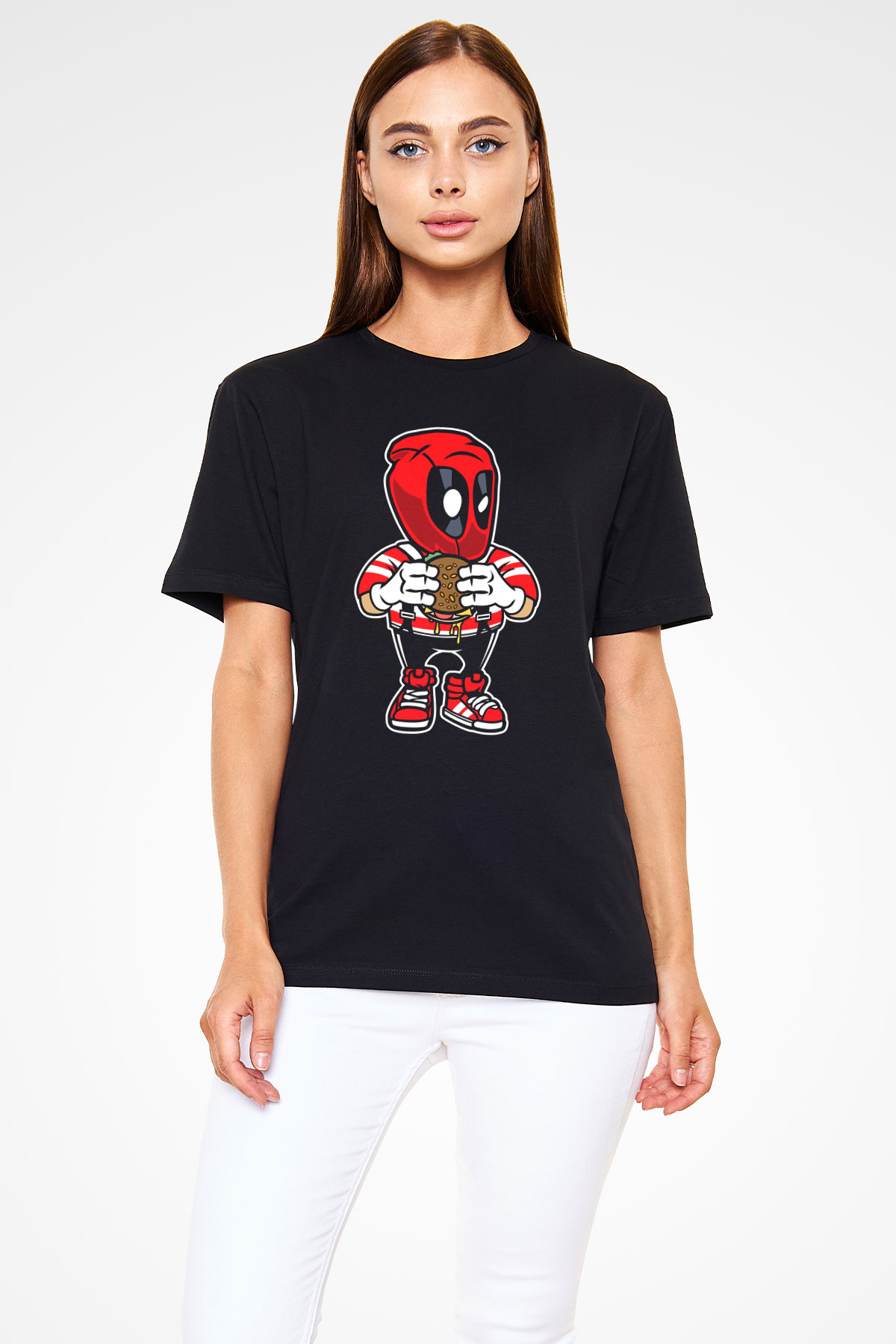 Deadpool Eat Burger Baskılı Unisex Siyah Tişört
