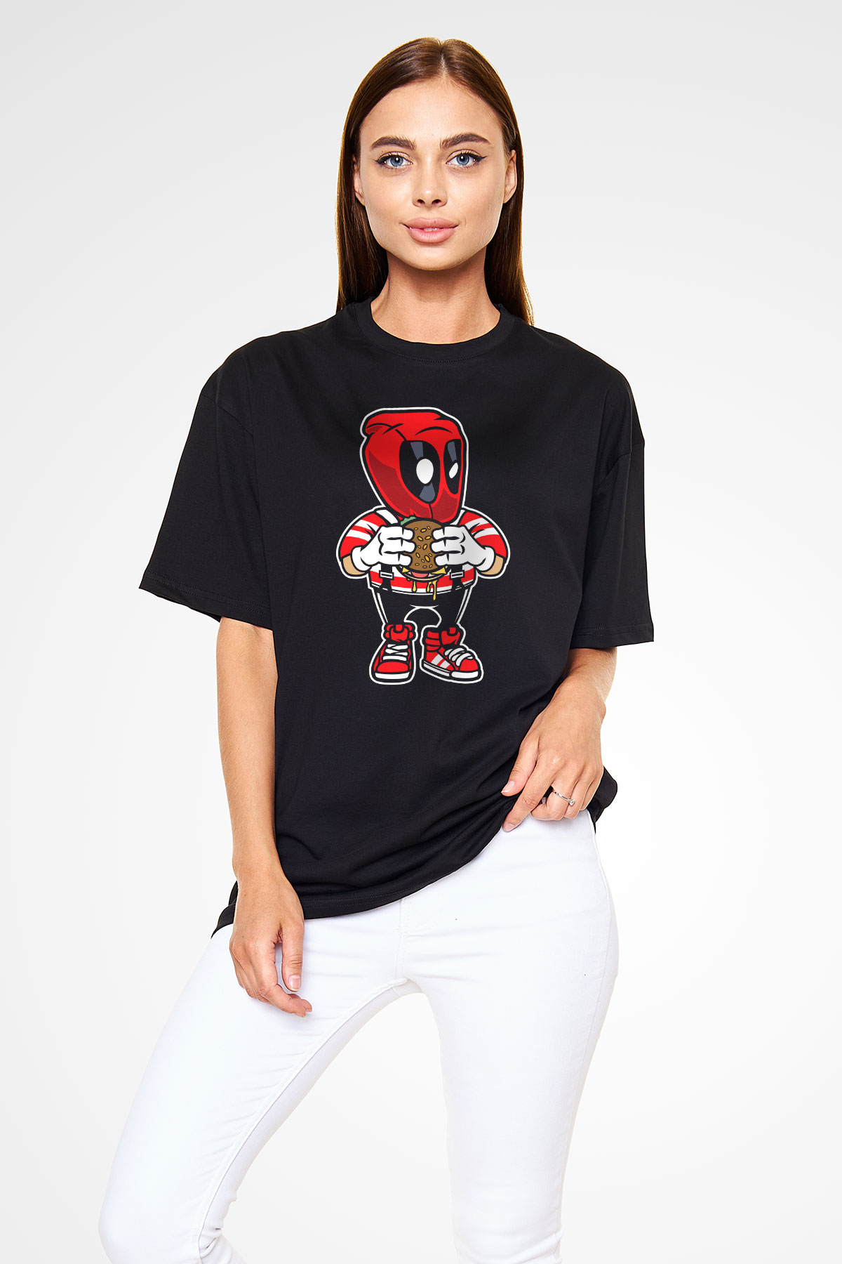 Deadpool Eat Burger Baskılı Unisex Siyah Oversize Tişört