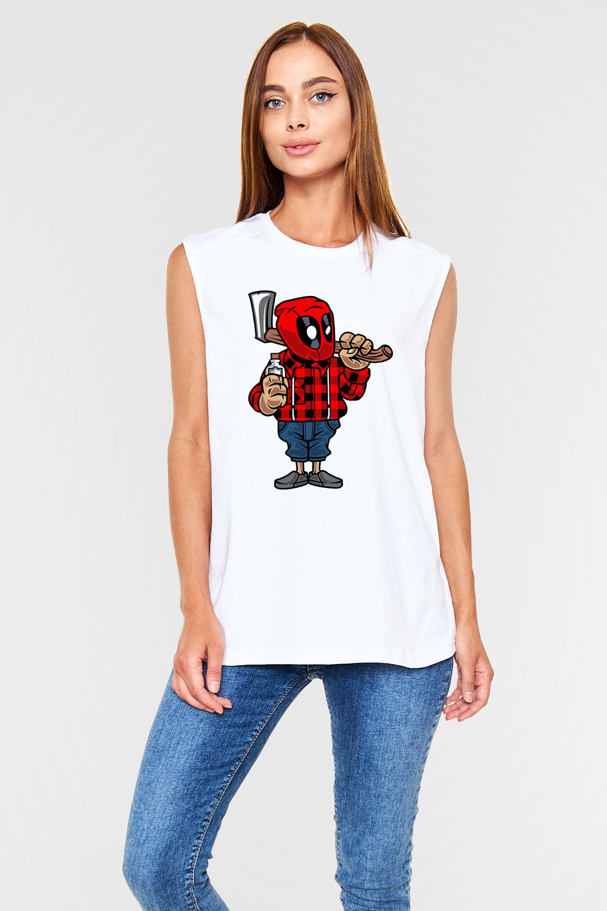 Deadpool Lumberjack Baskılı Unisex Beyaz Kolsuz Tişört