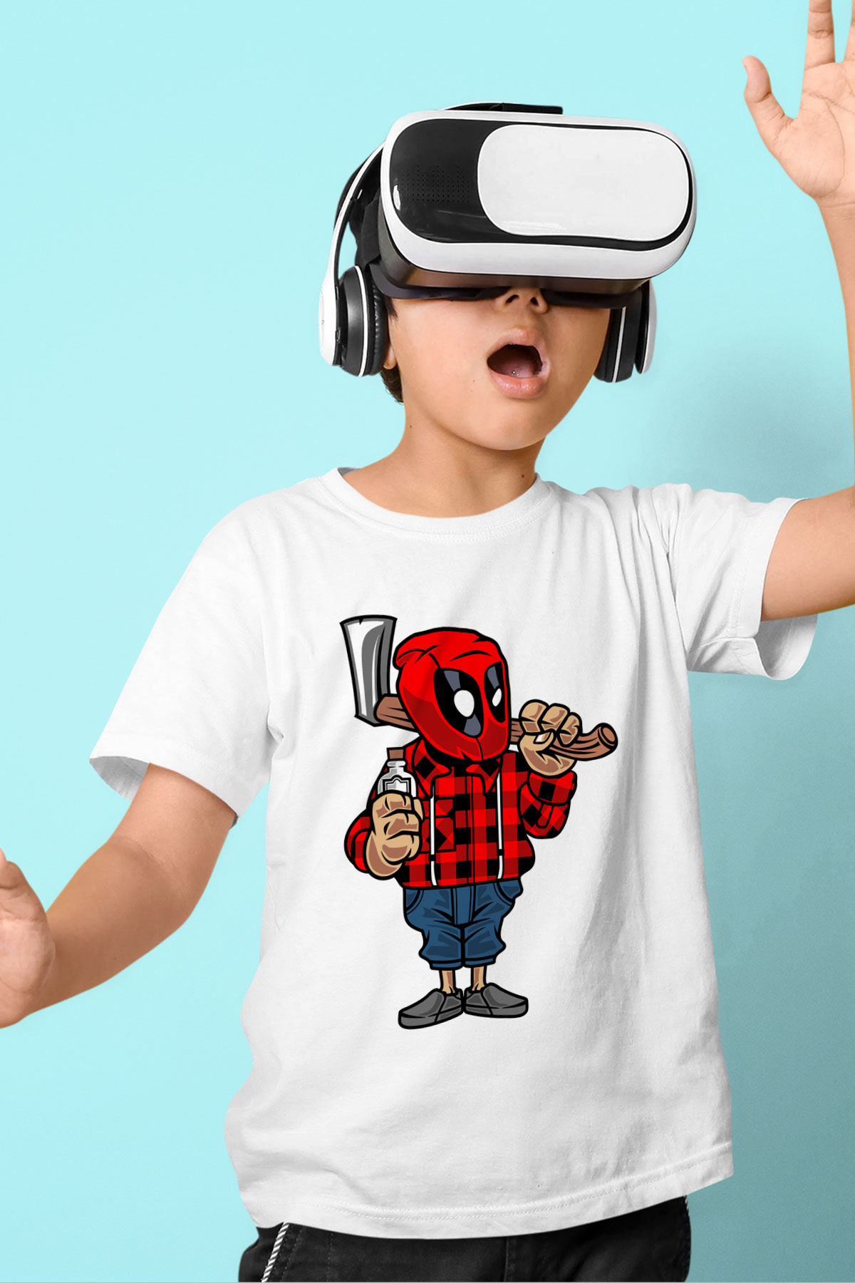 Deadpool Lumberjack Baskılı Unisex Beyaz Çocuk Tişört
