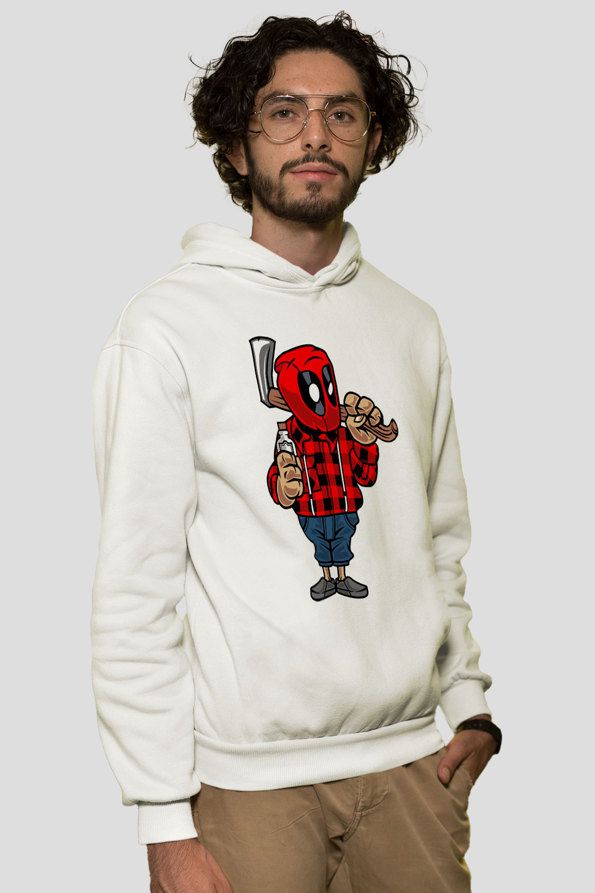 Deadpool Lumberjack Baskılı Unisex Beyaz Hoodie