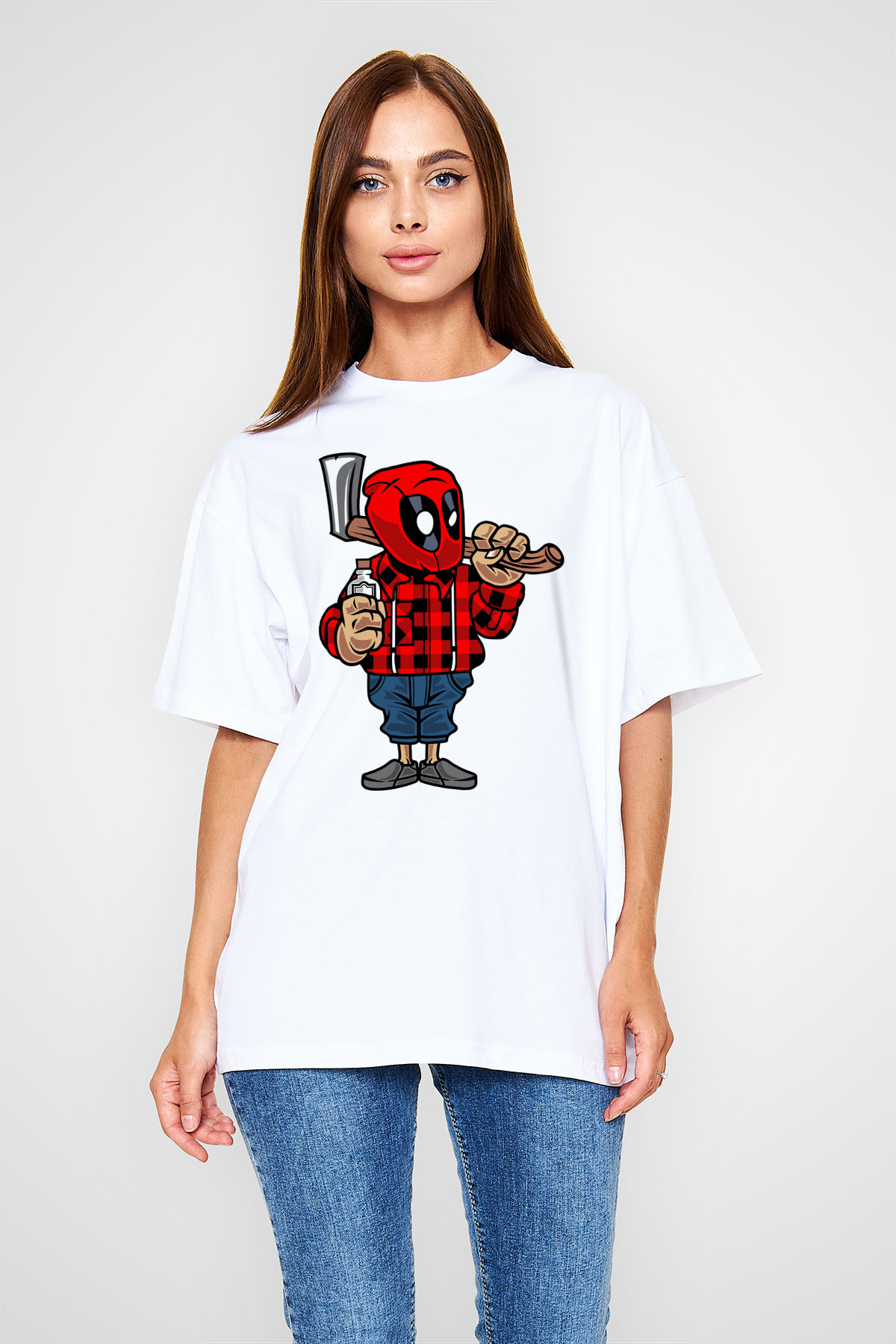 Deadpool Lumberjack Baskılı Unisex Beyaz Oversize Tişört