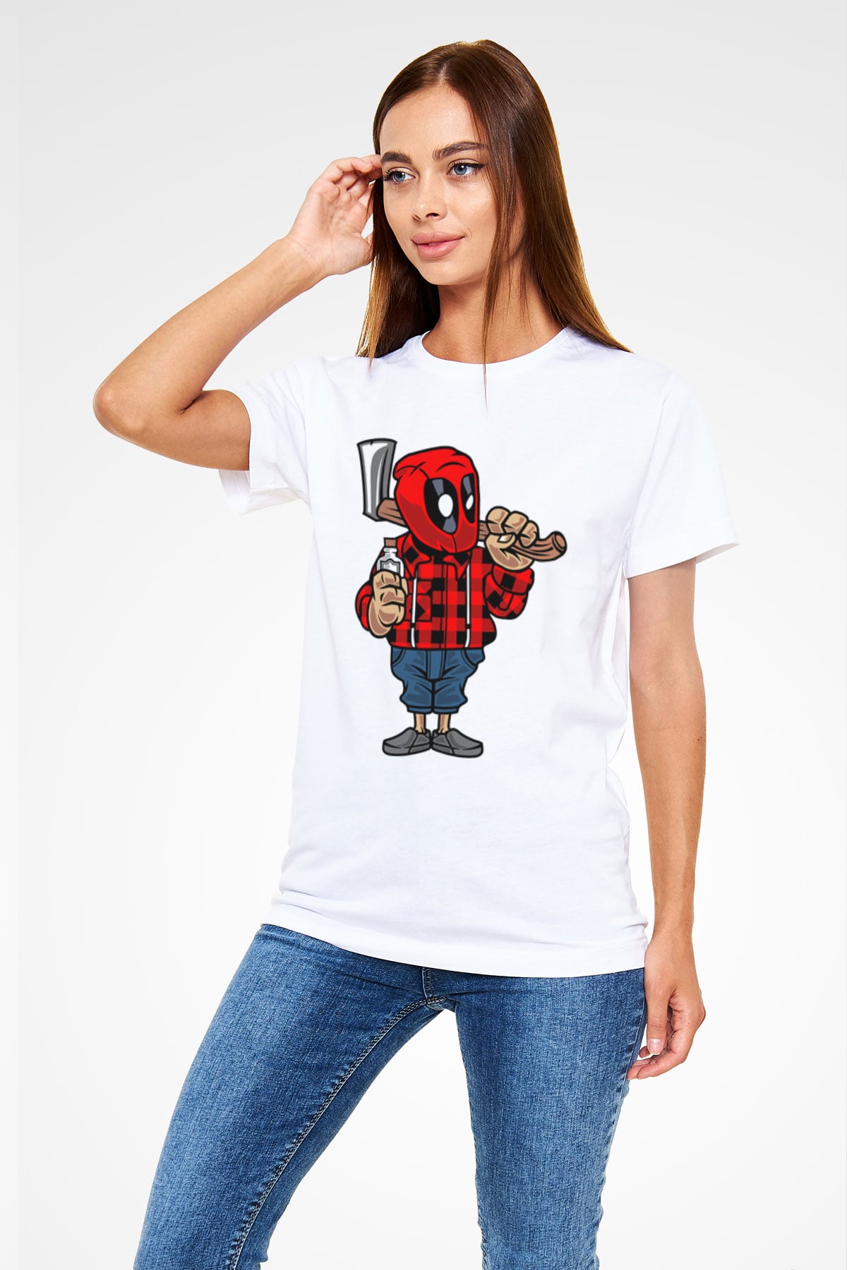Deadpool Lumberjack Baskılı Unisex Beyaz Tişört