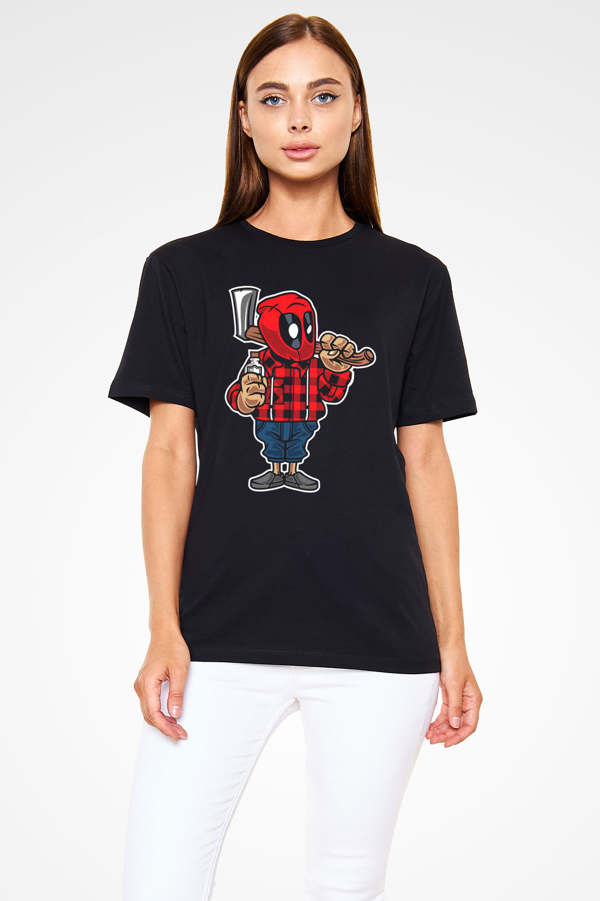 Deadpool Lumberjack Baskılı Unisex Siyah Tişört