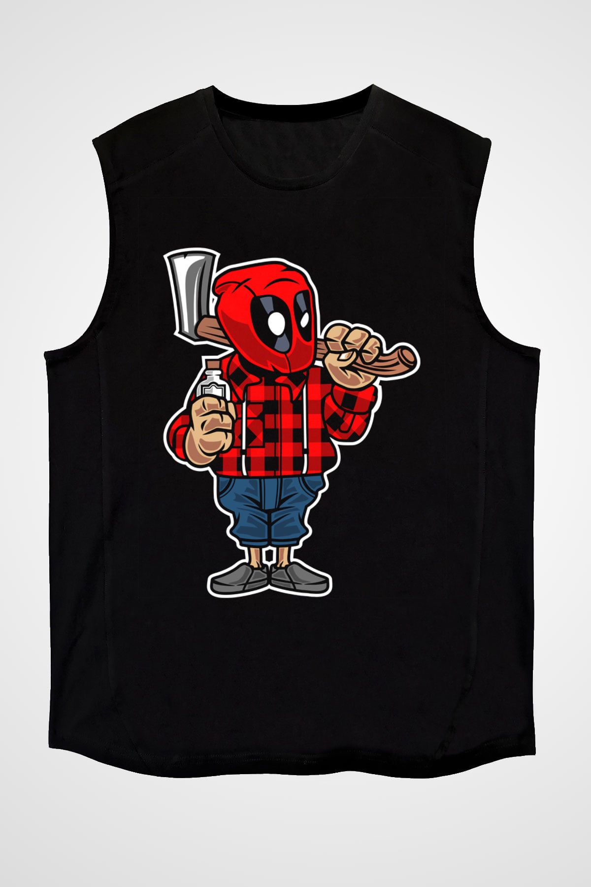 Deadpool Lumberjack Baskılı Unisex Siyah Kolsuz Tişört