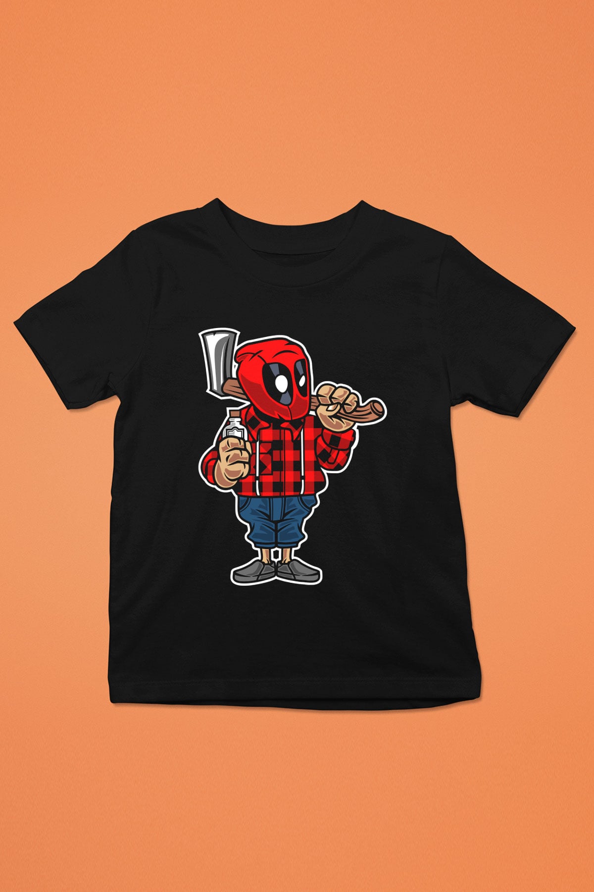 Deadpool Lumberjack Baskılı Unisex Siyah Çocuk Tişört