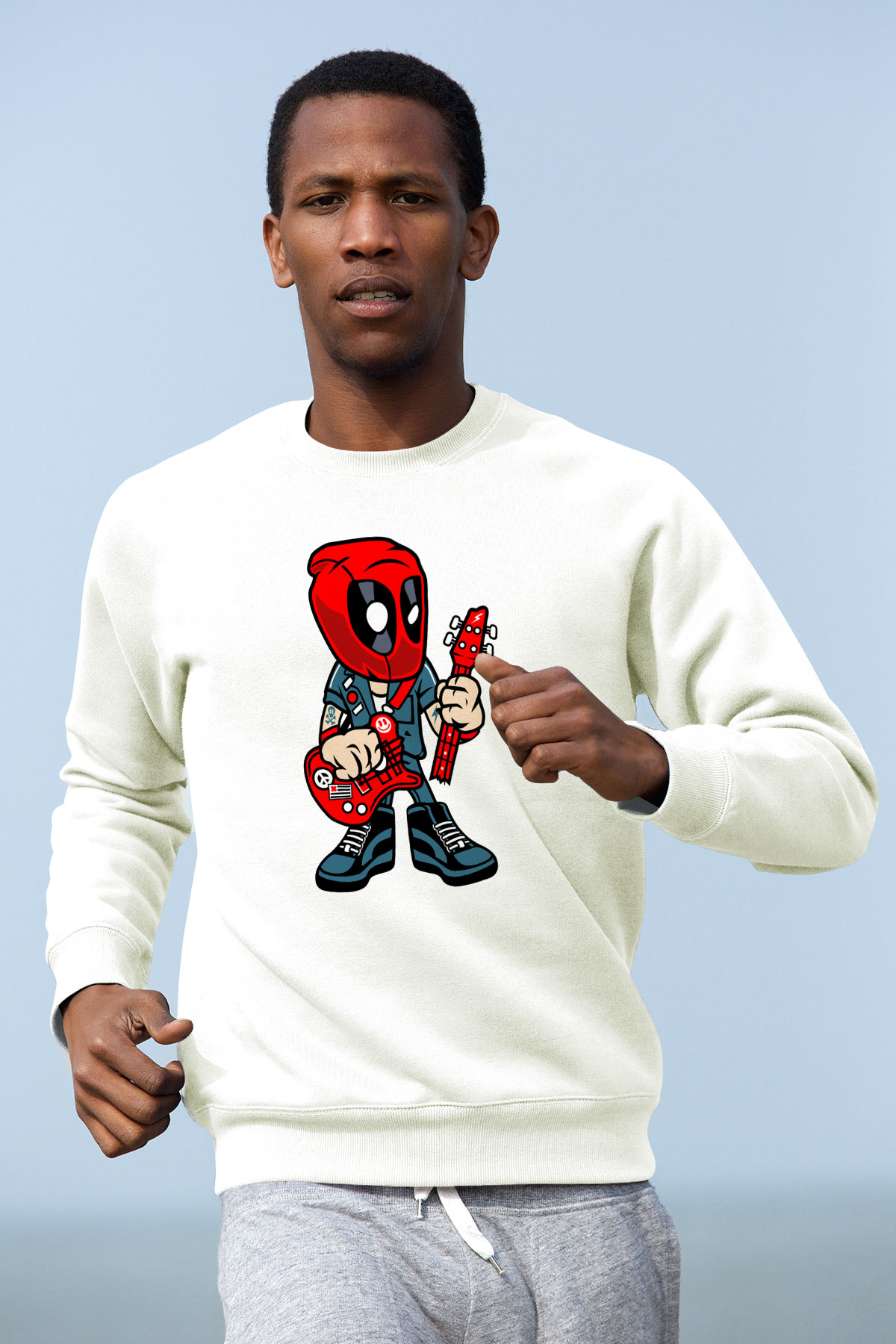 Deadpool Rocker Baskılı Unisex Beyaz Sweatshirt
