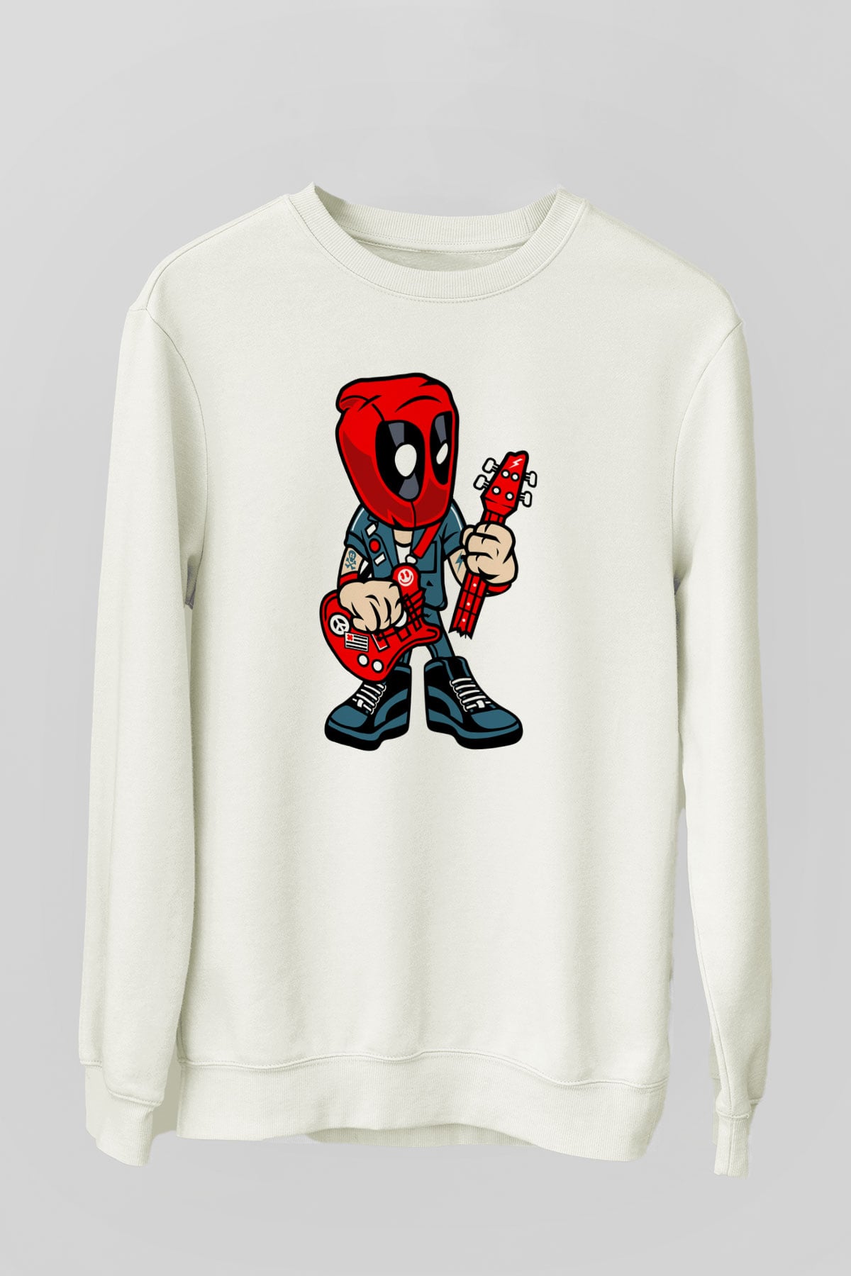 Deadpool Rocker Baskılı Unisex Beyaz Sweatshirt