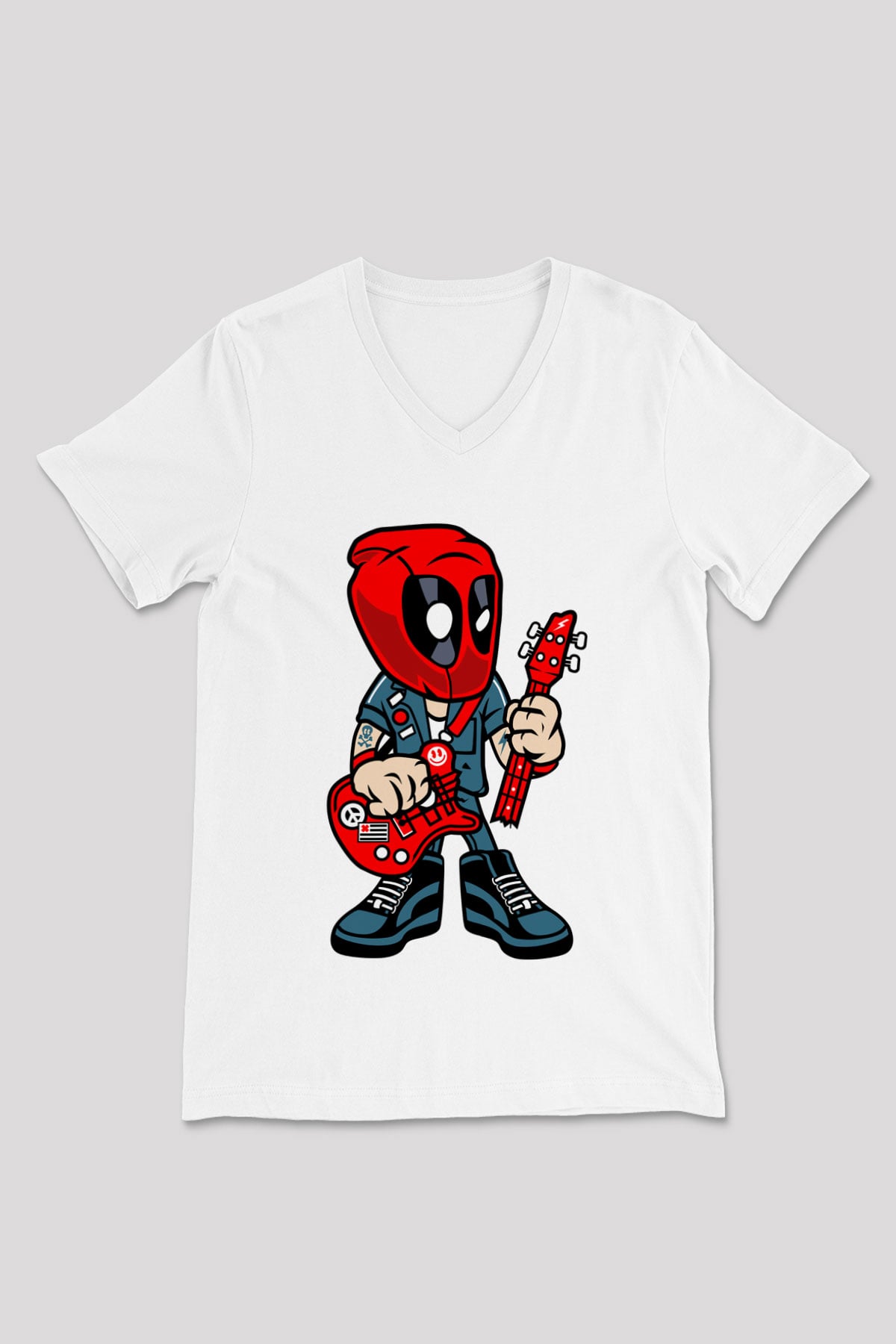 Deadpool Rocker Baskılı Unisex Beyaz V Yaka Tişört