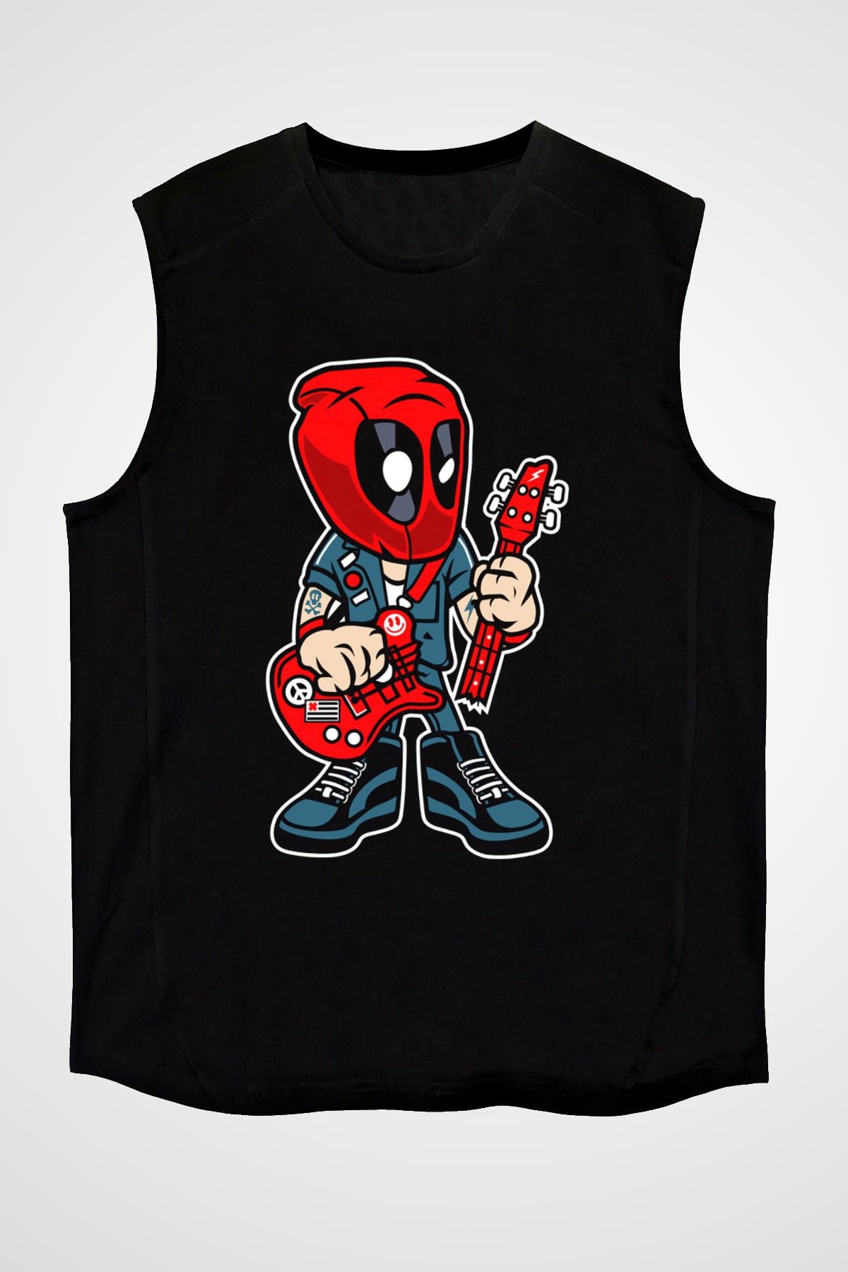 Deadpool Rocker Baskılı Unisex Siyah Kolsuz Tişört