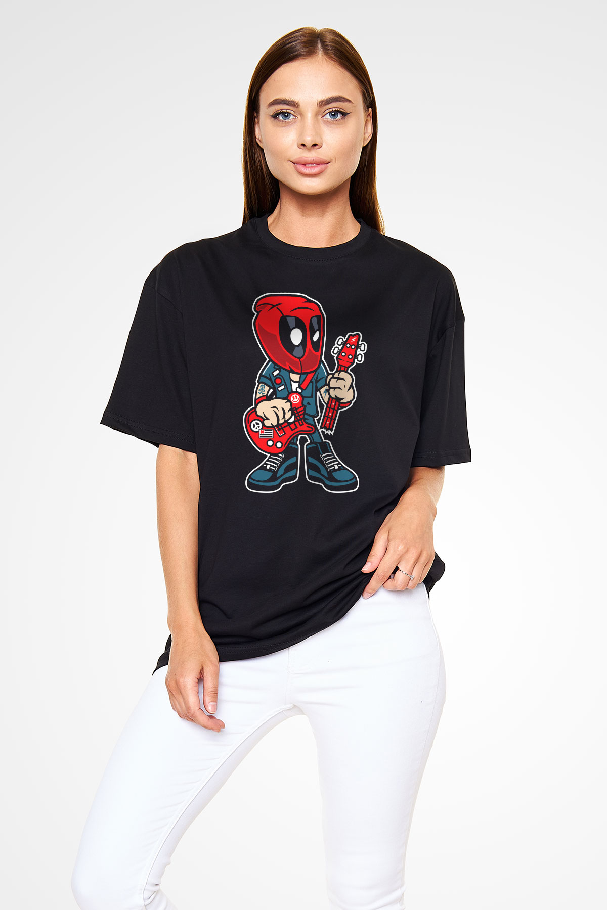 Deadpool Rocker Baskılı Unisex Siyah Oversize Tişört