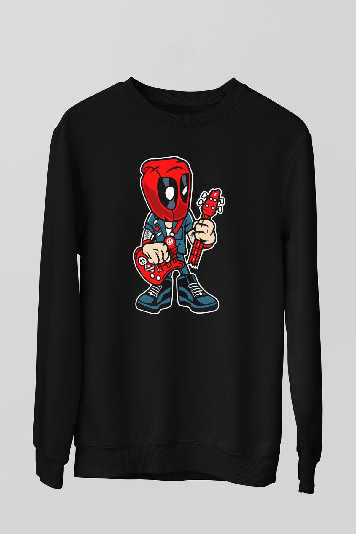 Deadpool Rocker Baskılı Unisex Siyah Sweatshirt