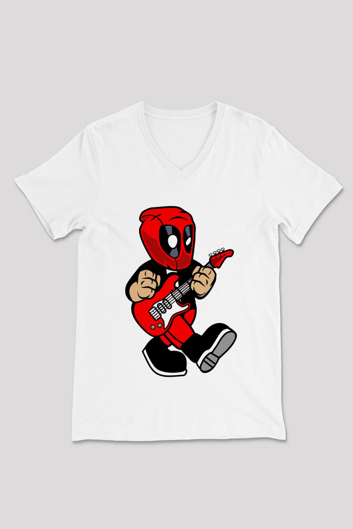 Deadpool Rockstar Baskılı Unisex Beyaz V Yaka Tişört