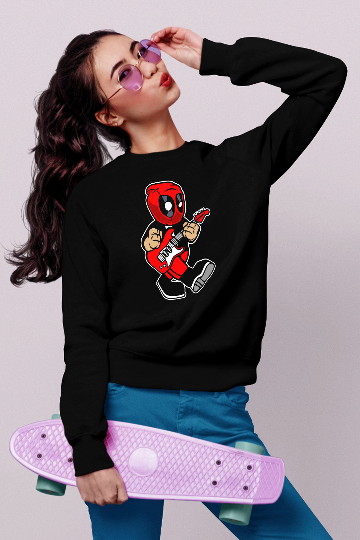 Deadpool Rockstar Baskılı Unisex Siyah Sweatshirt