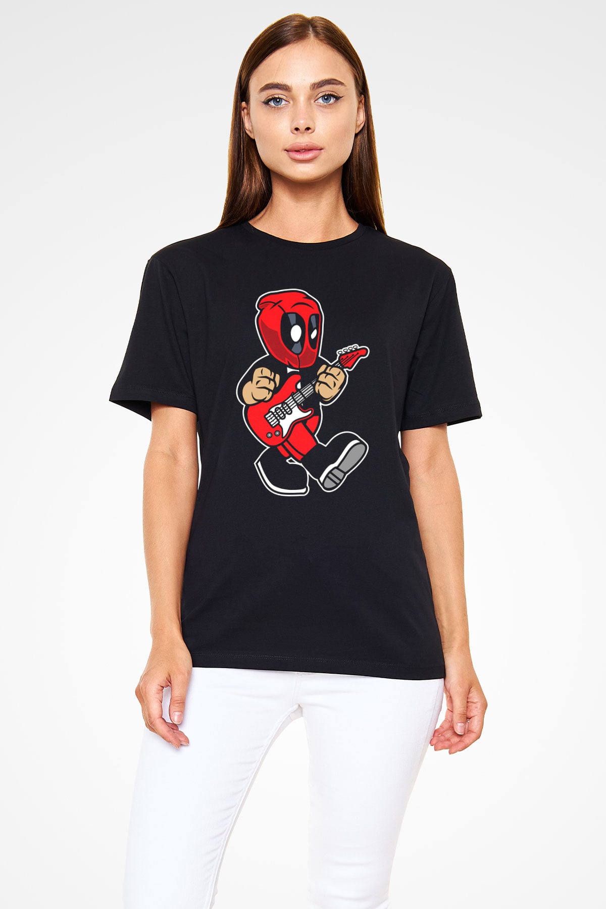 Deadpool Rockstar Baskılı Unisex Siyah Tişört