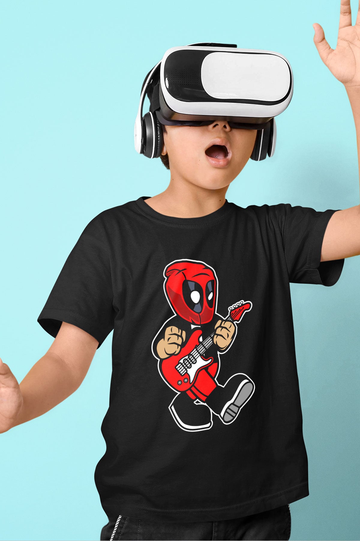 Deadpool Rockstar Baskılı Unisex Siyah Çocuk Tişört