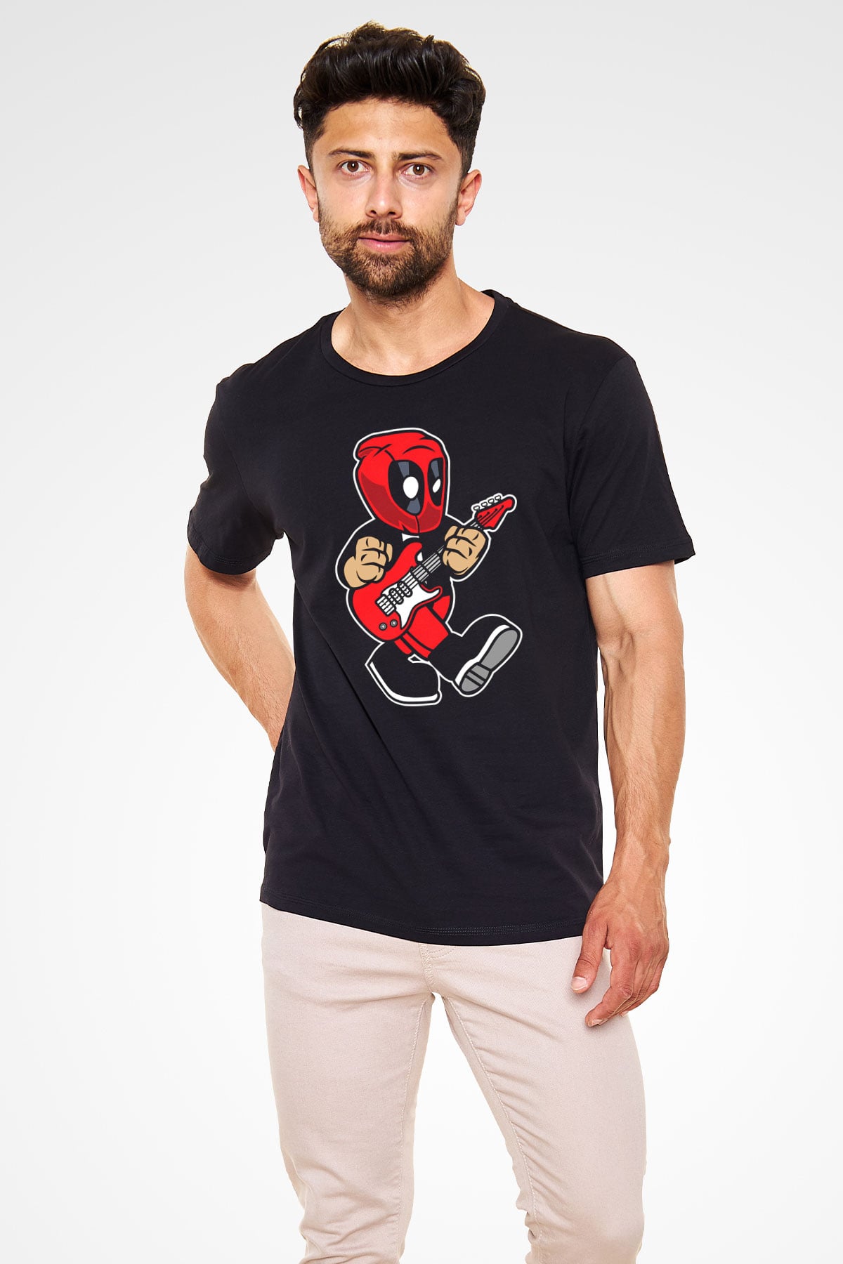 Deadpool Rockstar Baskılı Unisex Siyah Tişört