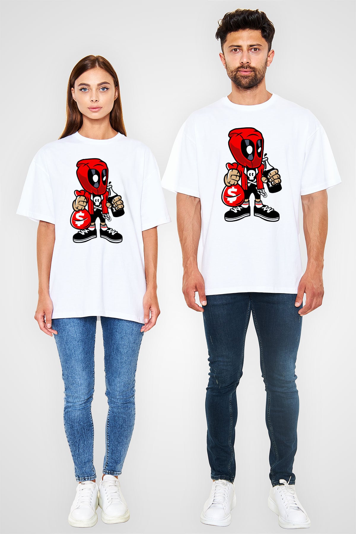 Deadpool Street Bastard Baskılı Unisex Beyaz Oversize Tişört