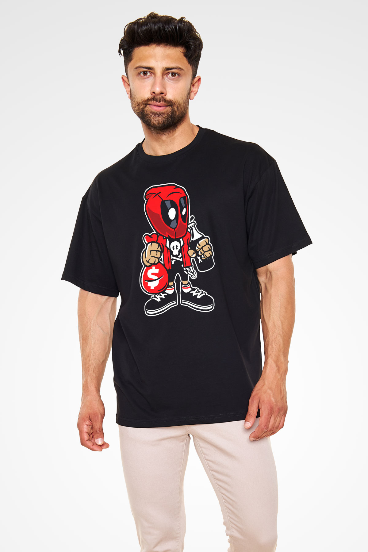 Deadpool Street Bastard Baskılı Unisex Siyah Oversize Tişört