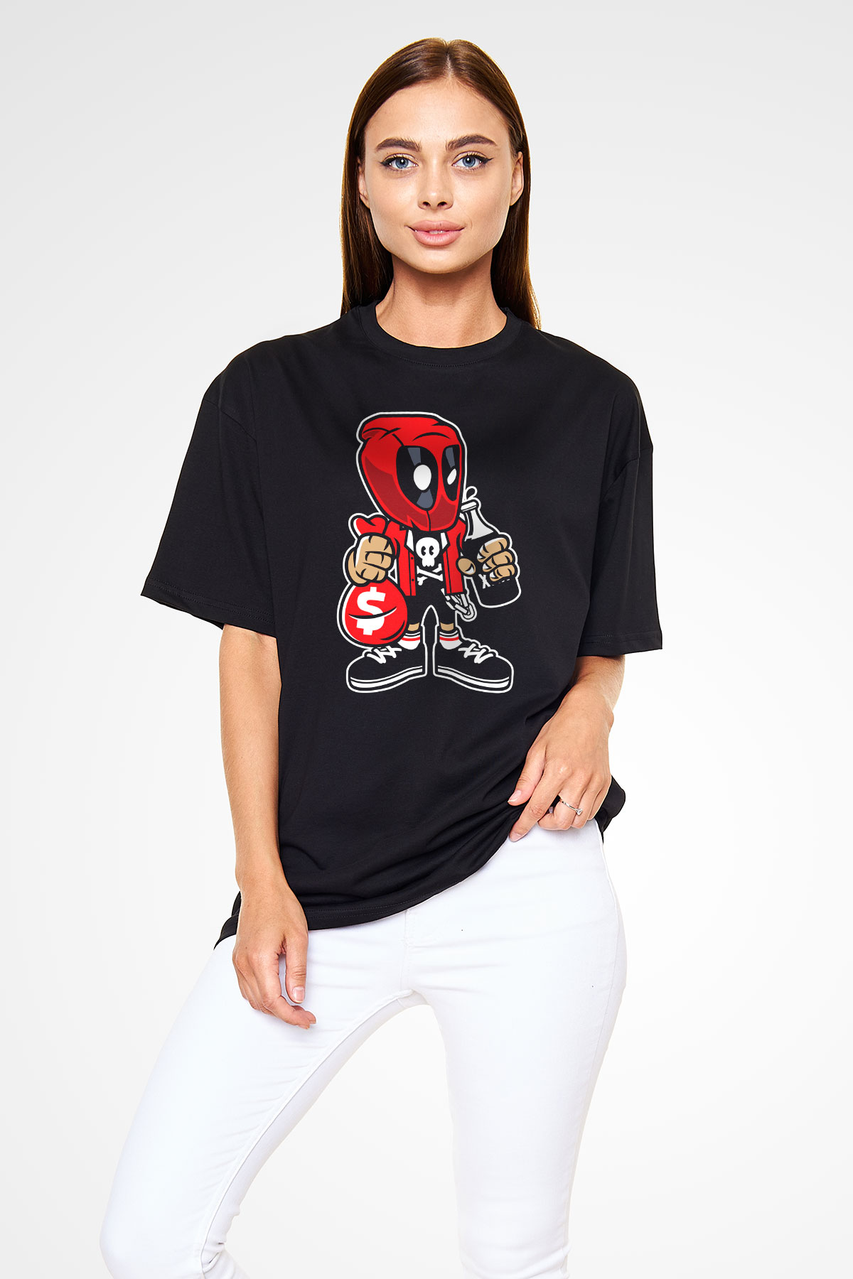 Deadpool Street Bastard Baskılı Unisex Siyah Oversize Tişört