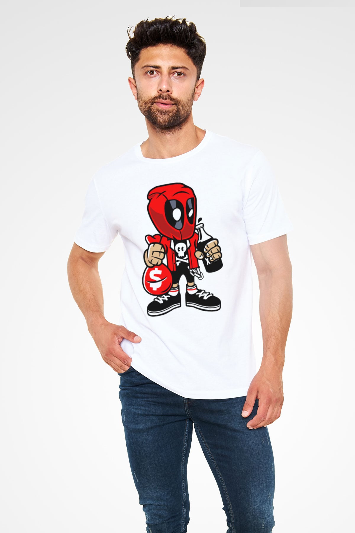 Deadpool Street Bastard Baskılı Unisex Beyaz Tişört