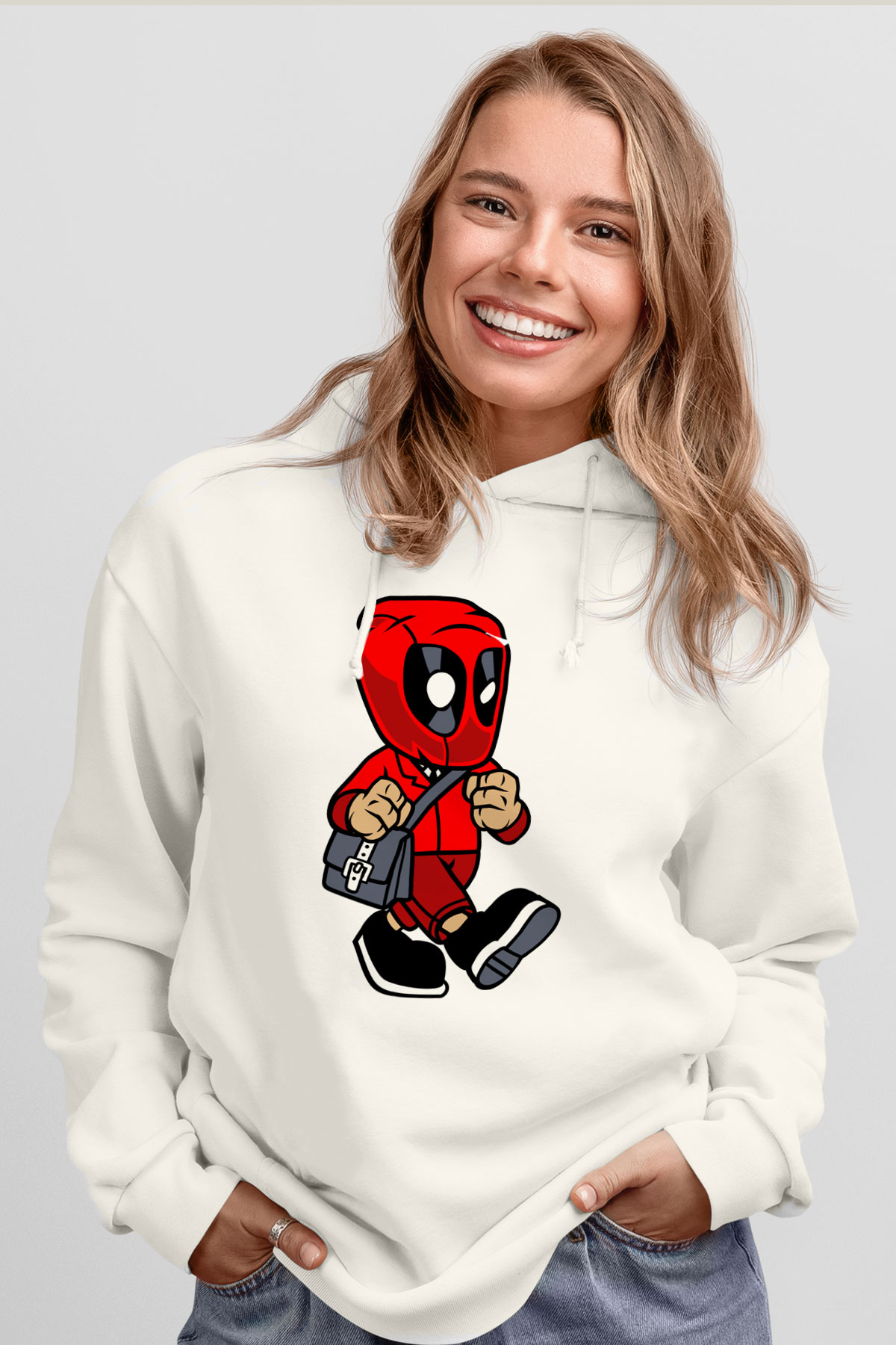 Deadpool Worker Baskılı Unisex Beyaz Hoodie