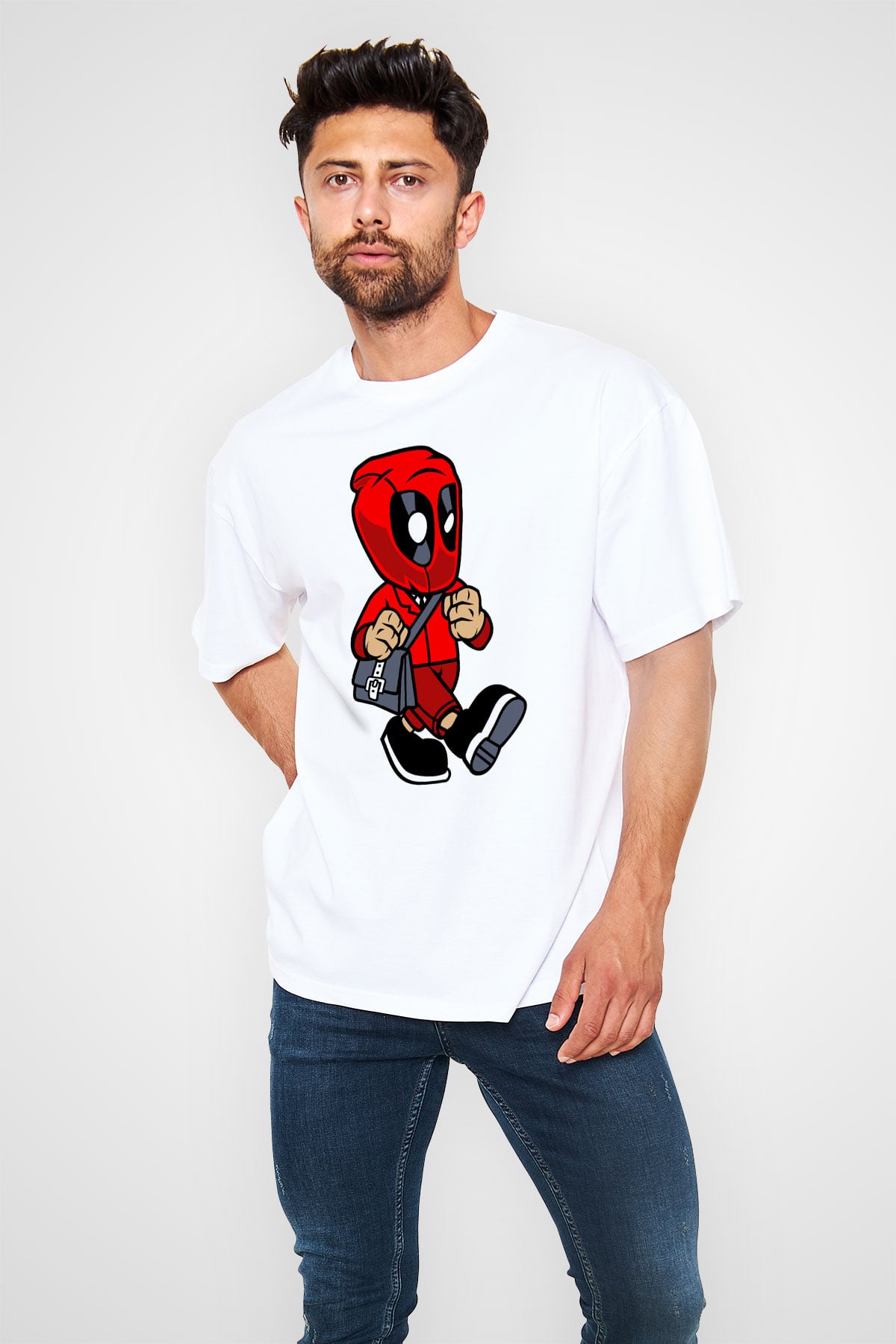 Deadpool Worker Baskılı Unisex Beyaz Oversize Tişört