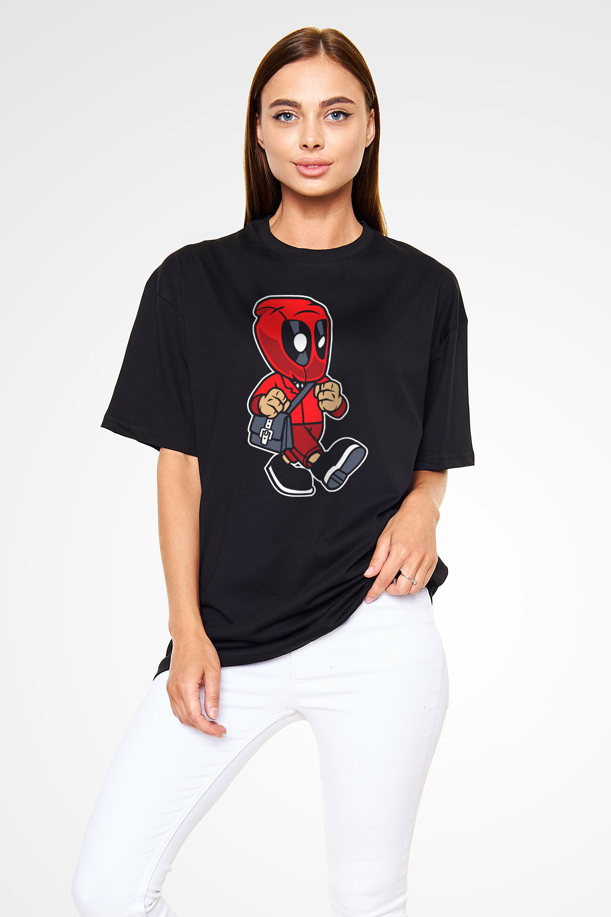 Deadpool Worker Baskılı Unisex Siyah Oversize Tişört