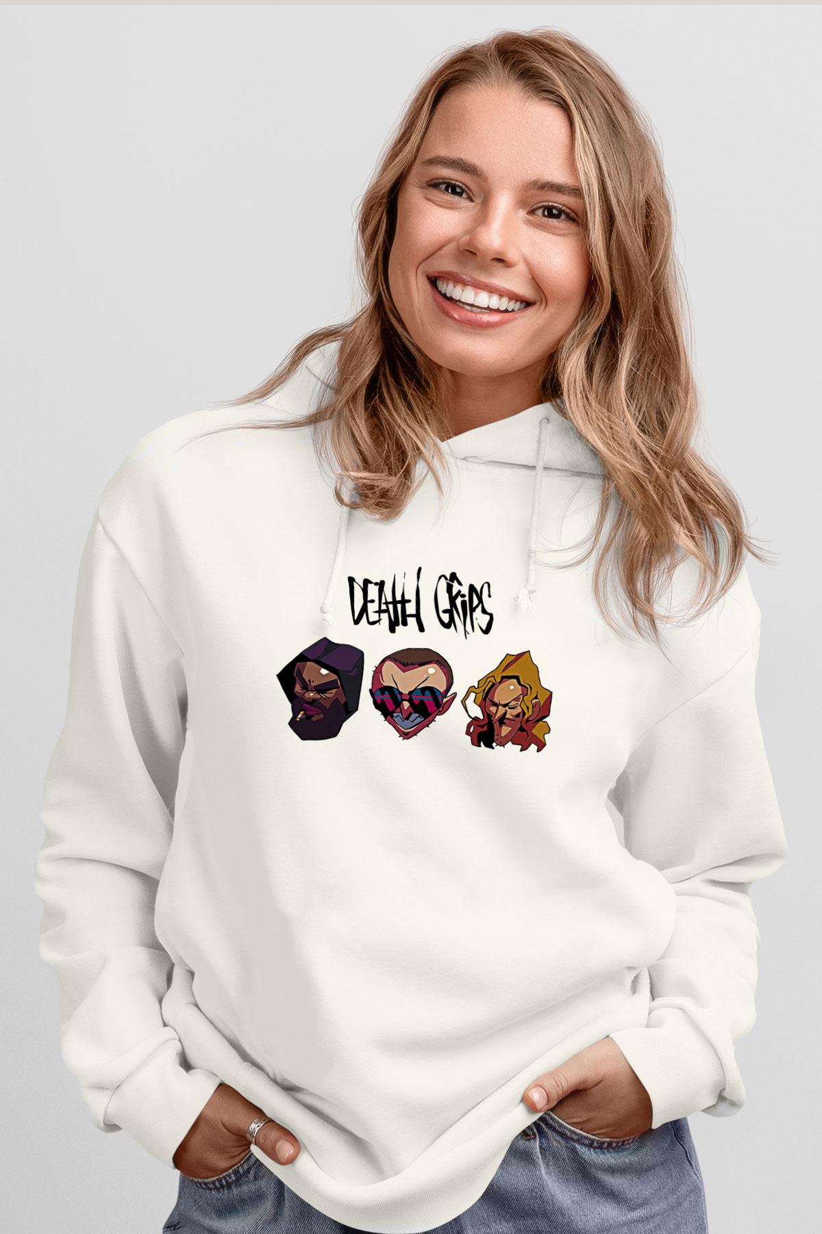 Death Grips Baskılı Beyaz Unisex Kapüşonlu Sweatshirt