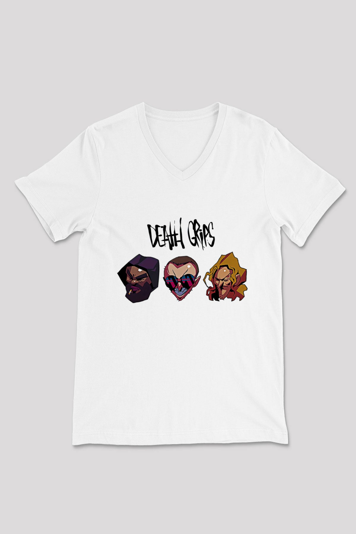 Death Grips Baskılı Beyaz Unisex V Yaka Tişört - Tshirt