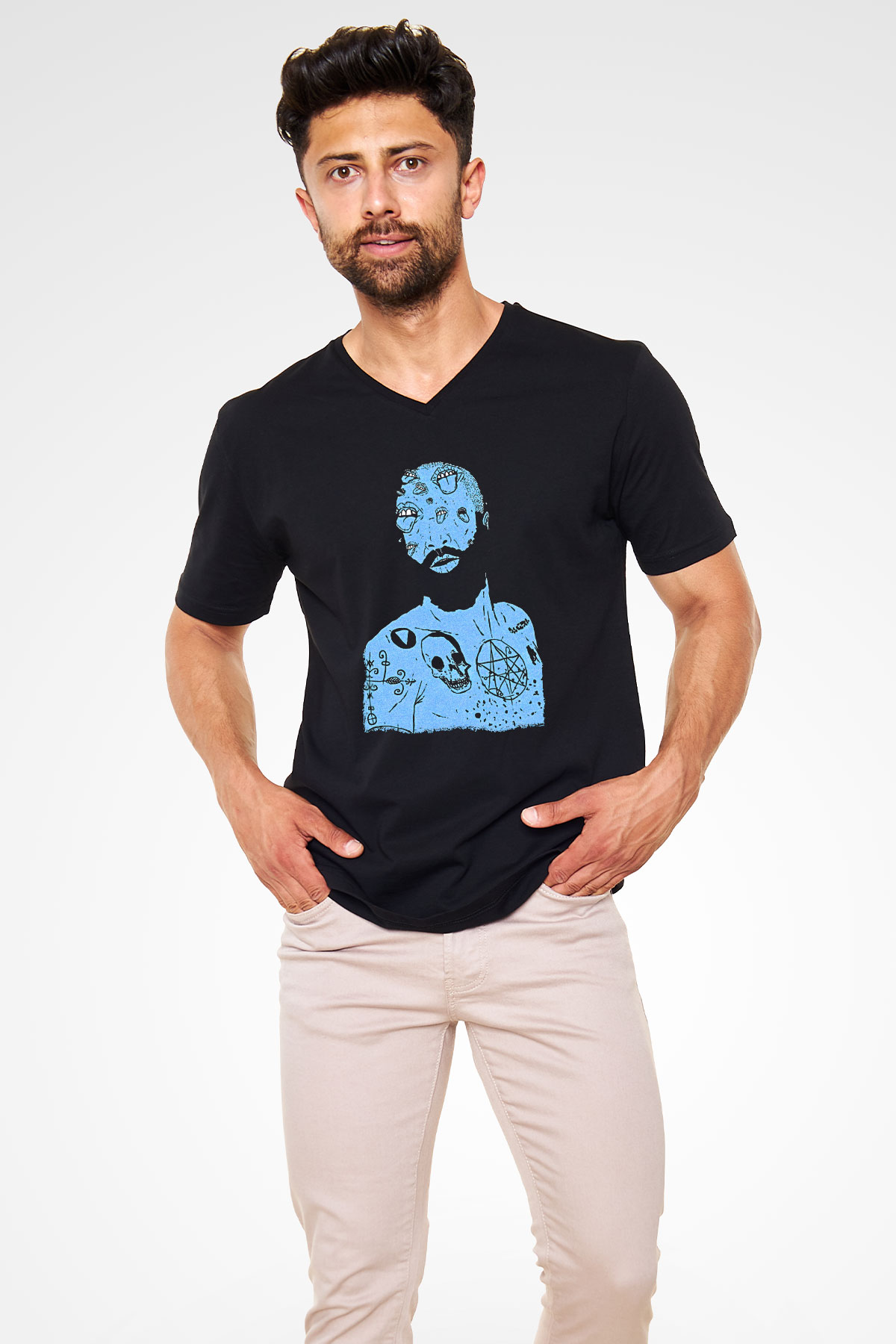 Death Grips Baskılı Unisex Siyah V Yaka Tişört - Tshirt