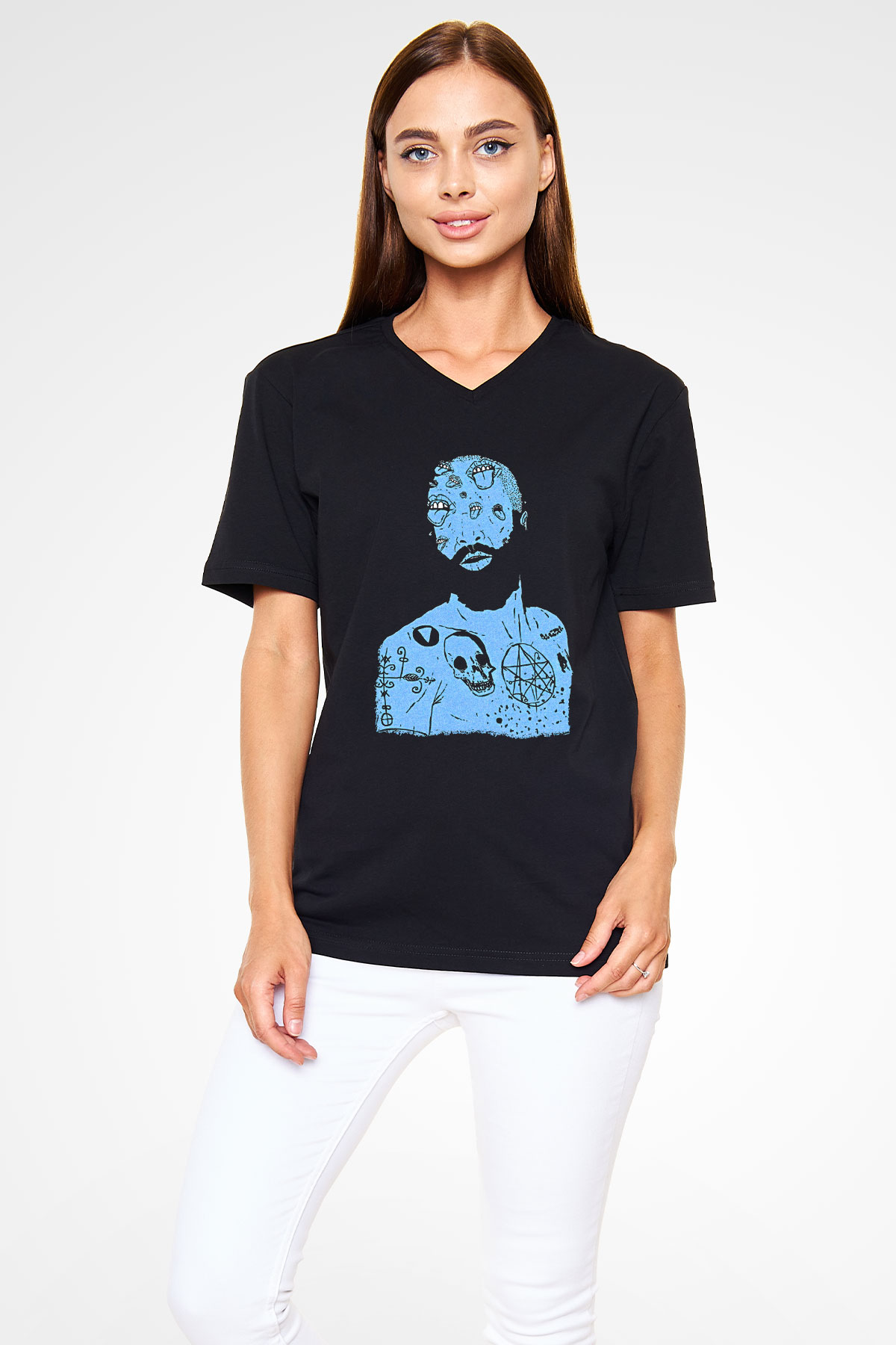 Death Grips Baskılı Unisex Siyah V Yaka Tişört - Tshirt