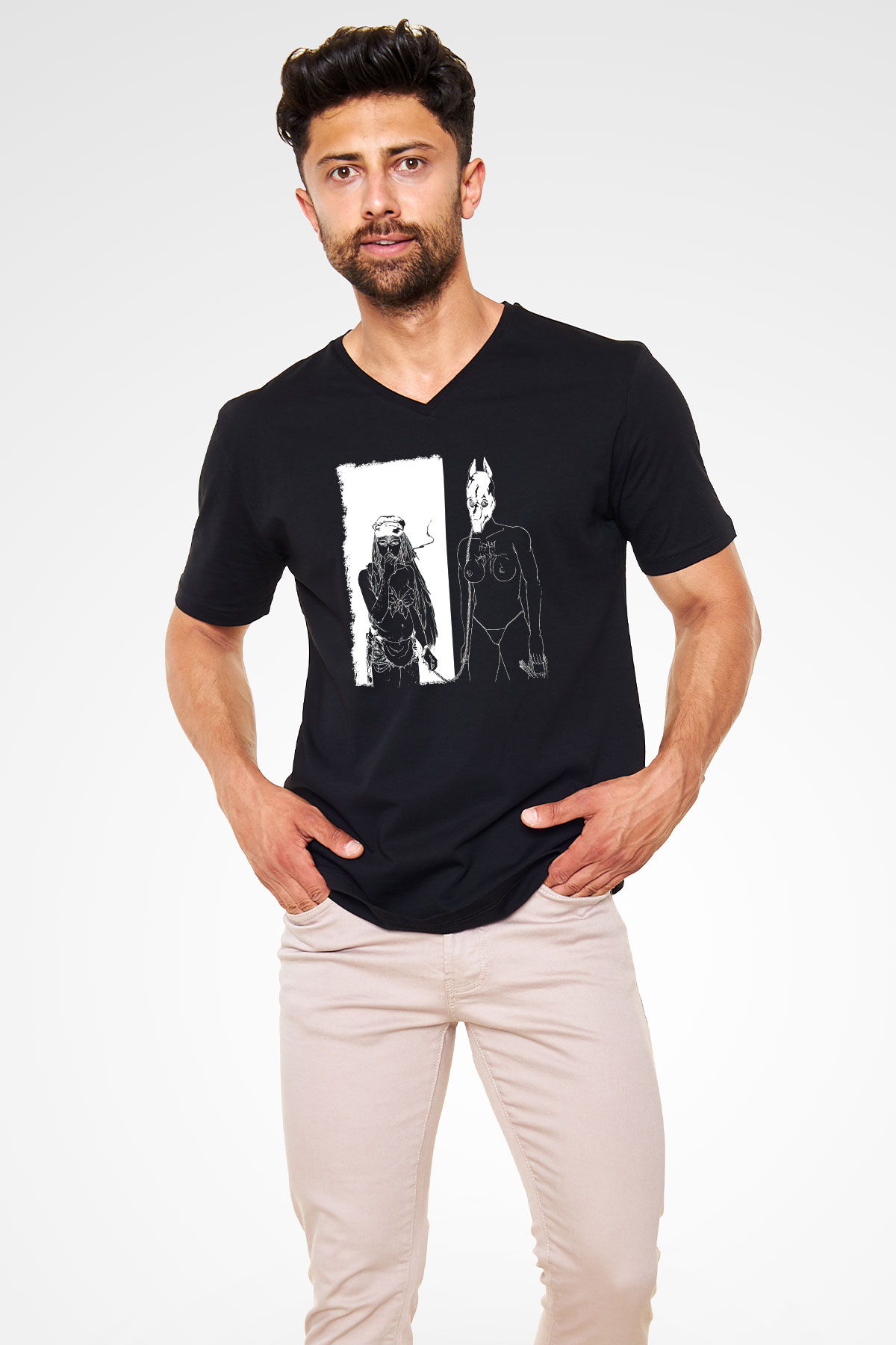 Death Grips Baskılı Unisex Siyah V Yaka Tişört - Tshirt