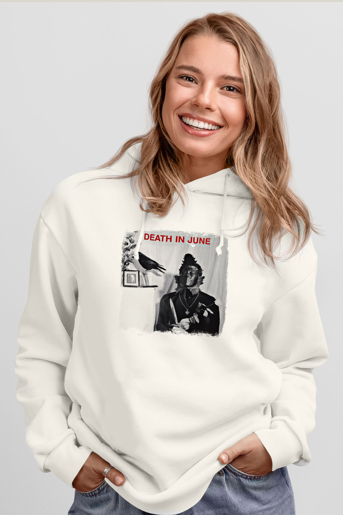 Death in June Baskılı Unisex Beyaz Hoodie
