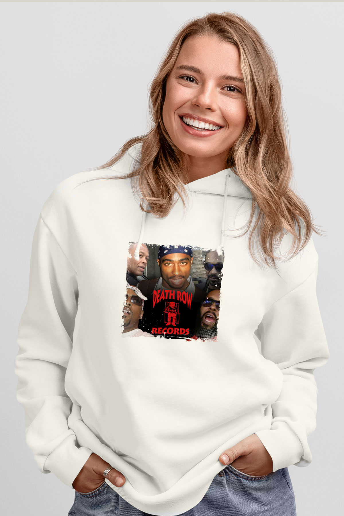 Death Row Records Baskılı Unisex Beyaz Kapüşonlu Sweatshirt