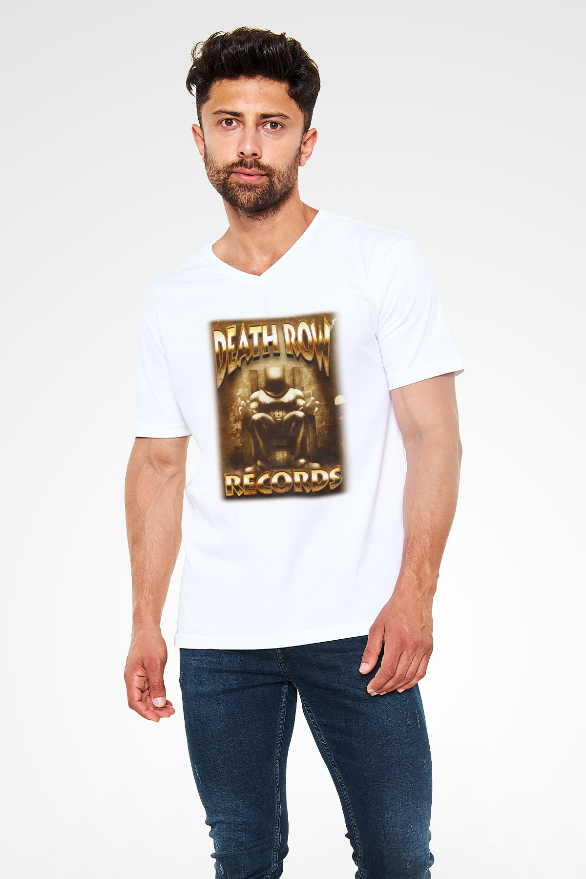 Death Row Records Beyaz Unisex V Yaka Tişört T-Shirt