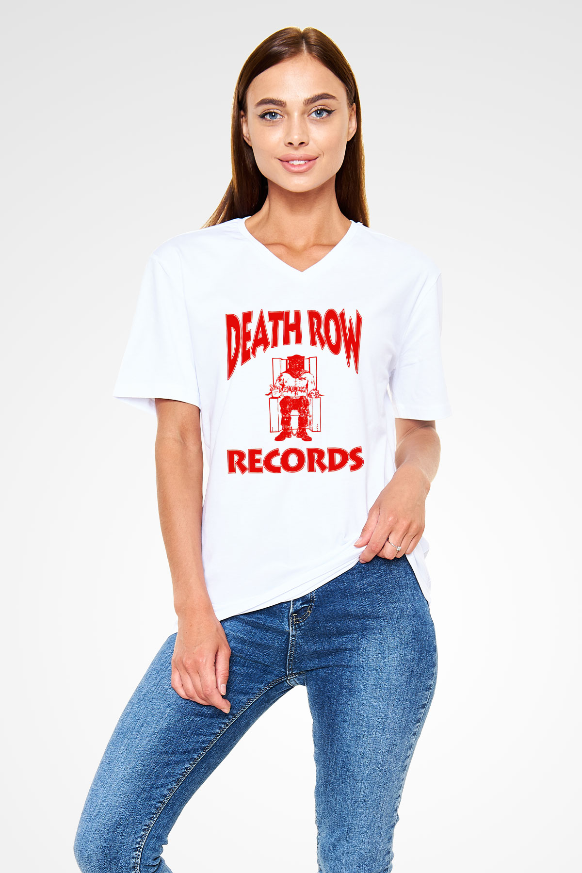 Death Row Records Beyaz Unisex V Yaka Tişört T-Shirt