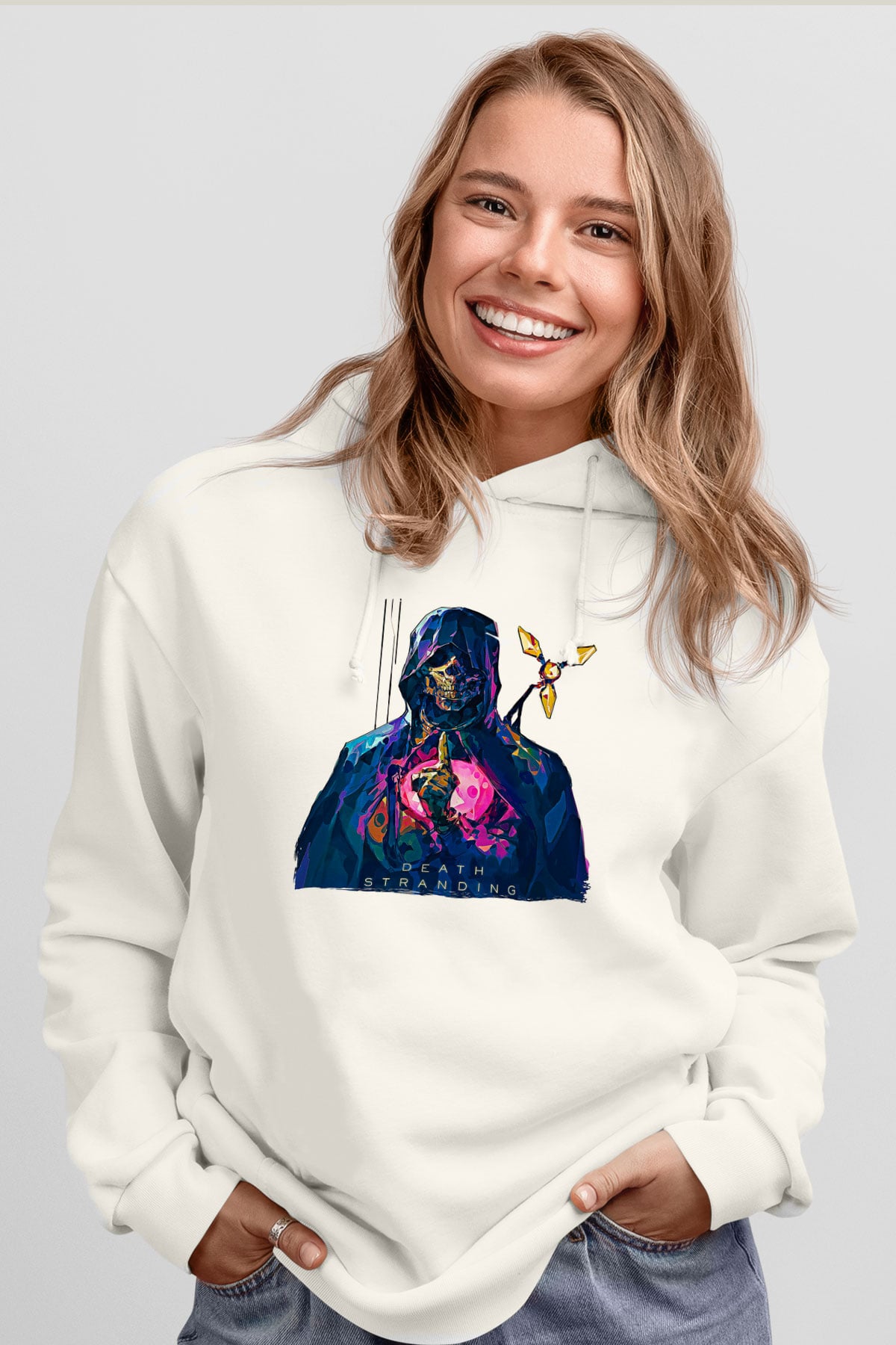Death Stranding Baskılı Beyaz Unisex Kapüşonlu Sweatshirt